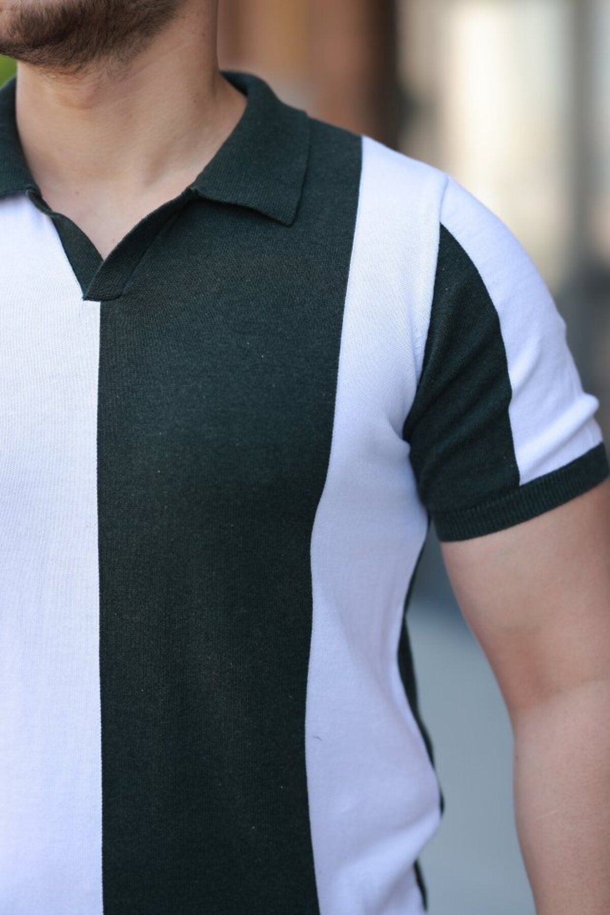 Erkek Kısa Kollu Polo Yakalı Blok Desenli Triko tişört