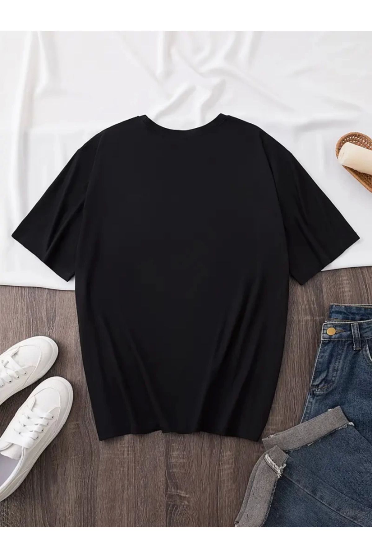 Baskılı Oversize Bisiklet Yaka T-shirt - Siyah
