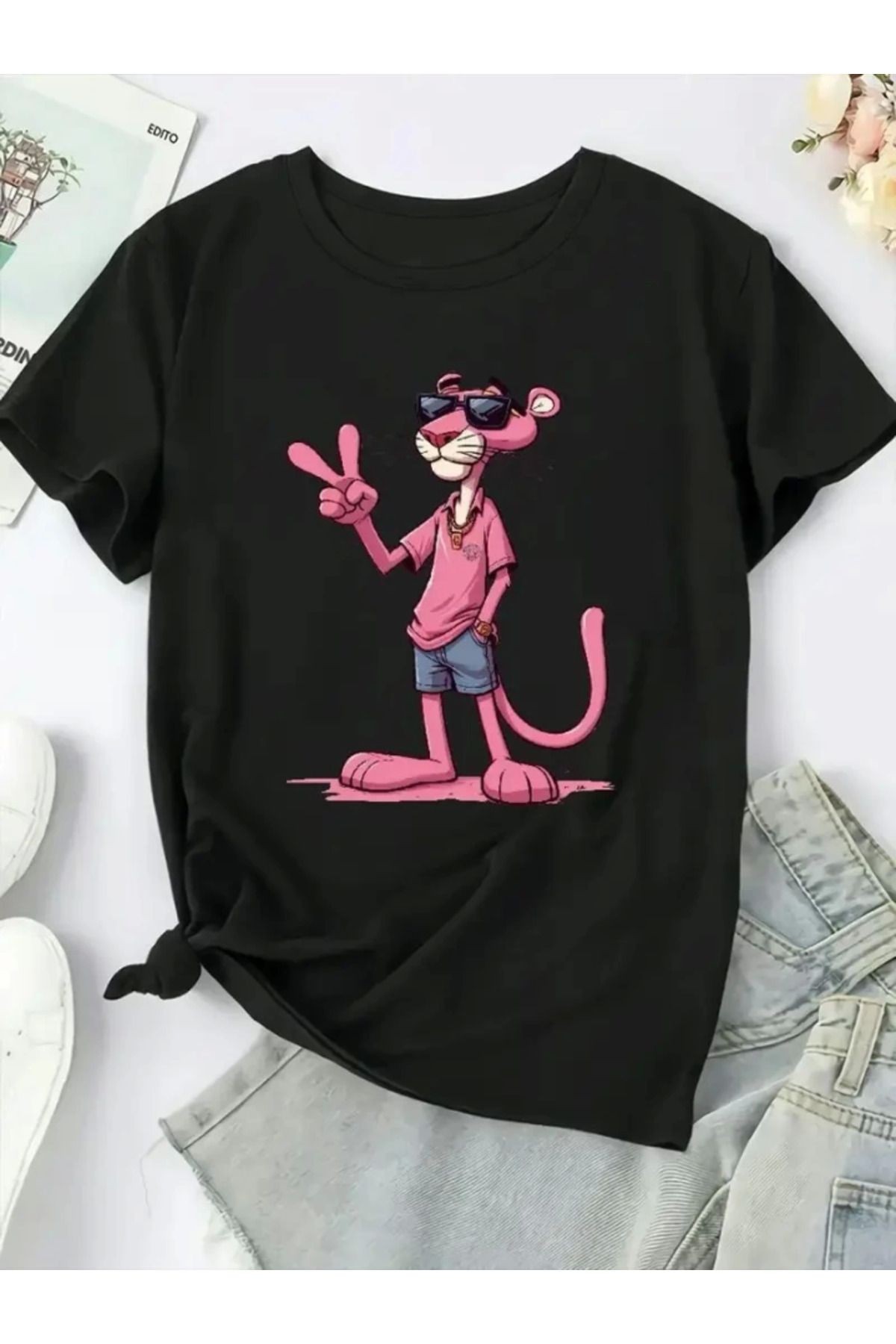 Pembe Panter Baskılı Oversize Bisiklet Yaka T-shirt - Beyaz