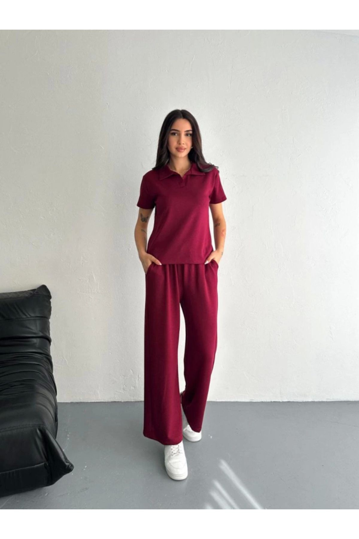 Osy Modal Yumuşak Dokulu Kumaş Kısa Kollu Yakalı T-shirt Pantalon Ikili Takım- Bordo