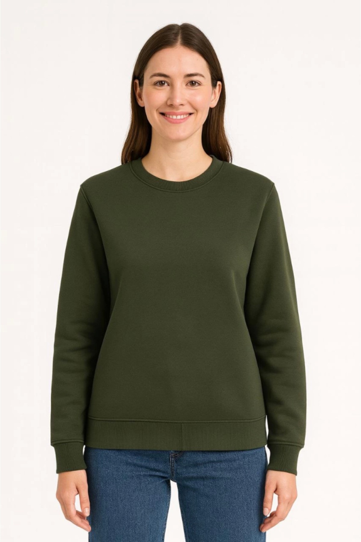 Üç İplik Düz Bisiklet Yaka SweatShirt - Haki