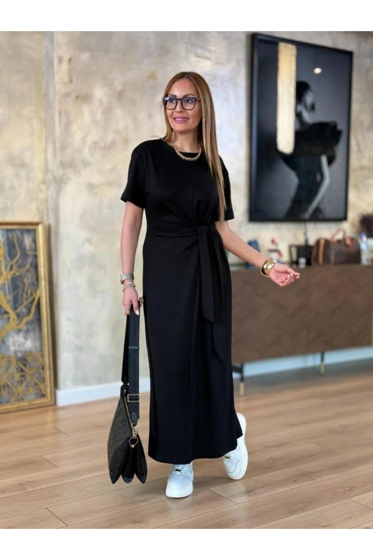 Kadın Kısa Kollu Bisiklet Yaka Yandan Bağlamalı Viskon Iki Iplik Elbise