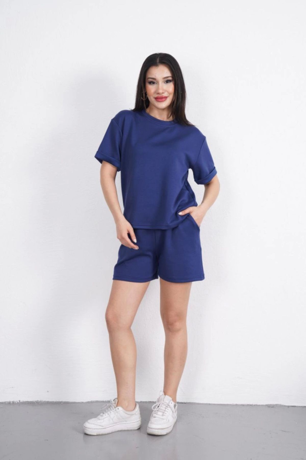 Yumuşak Dokulu Kumaş Bisiklet Yaka T-shirt Kısa Şort İkili Takım - Mavi