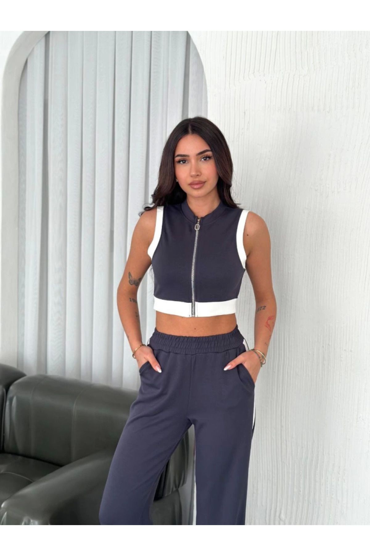 Osy Modal Yumuşak Dokulu Kumaş Tam Fermuarlı Crop Pantalon İkili Takım - Antrasit