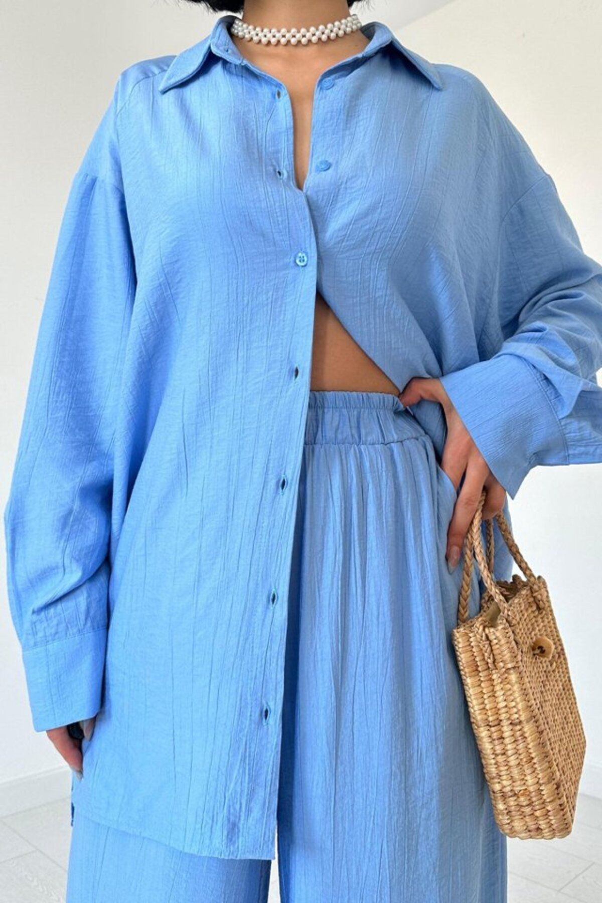 Mavi Alice Gömlek Ve Bol Kesim Pantolon Takım