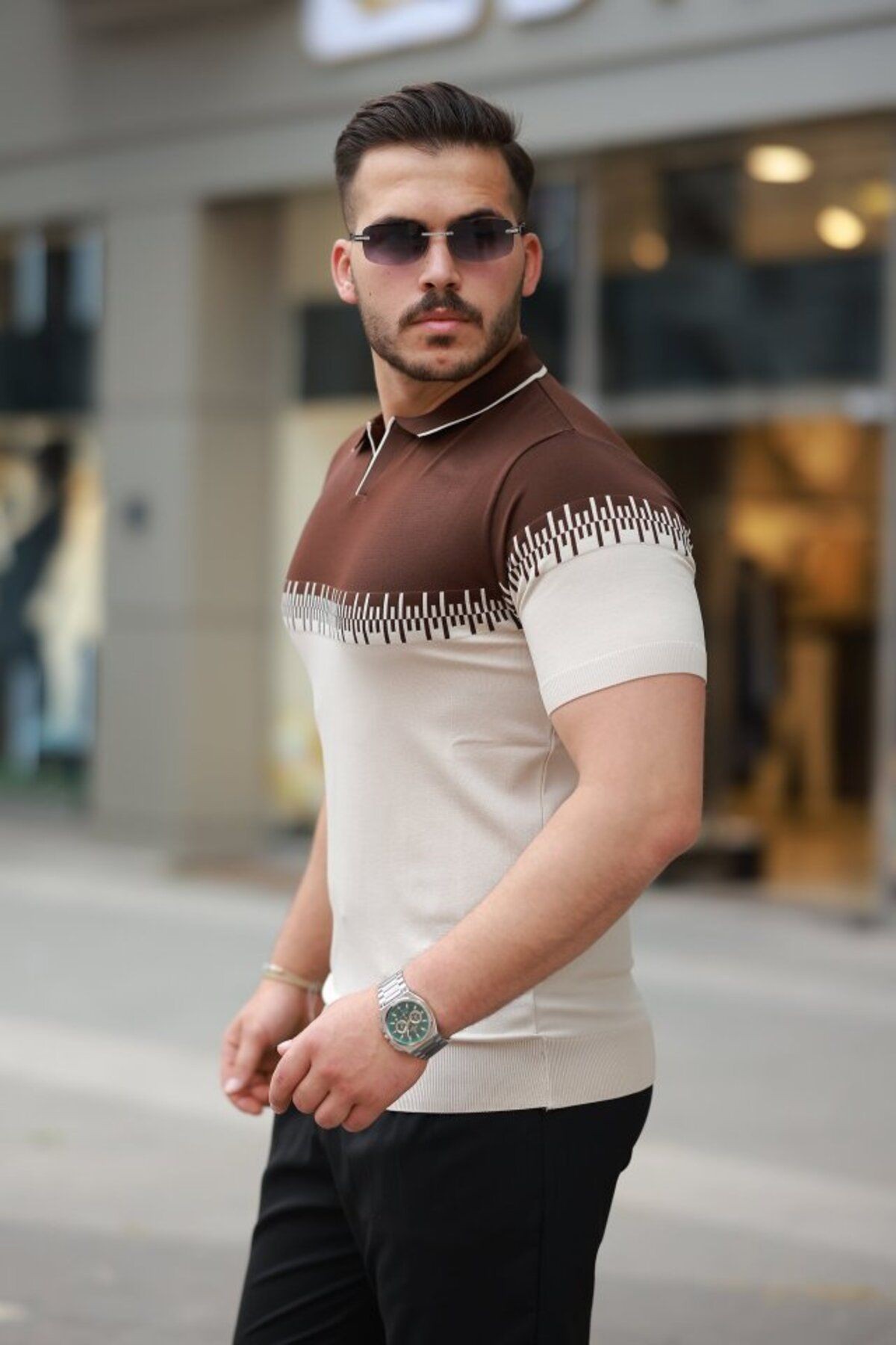 Mottisfashion Erkek Hemşire Yaka çift Renk Kısa Kollu Tişört
