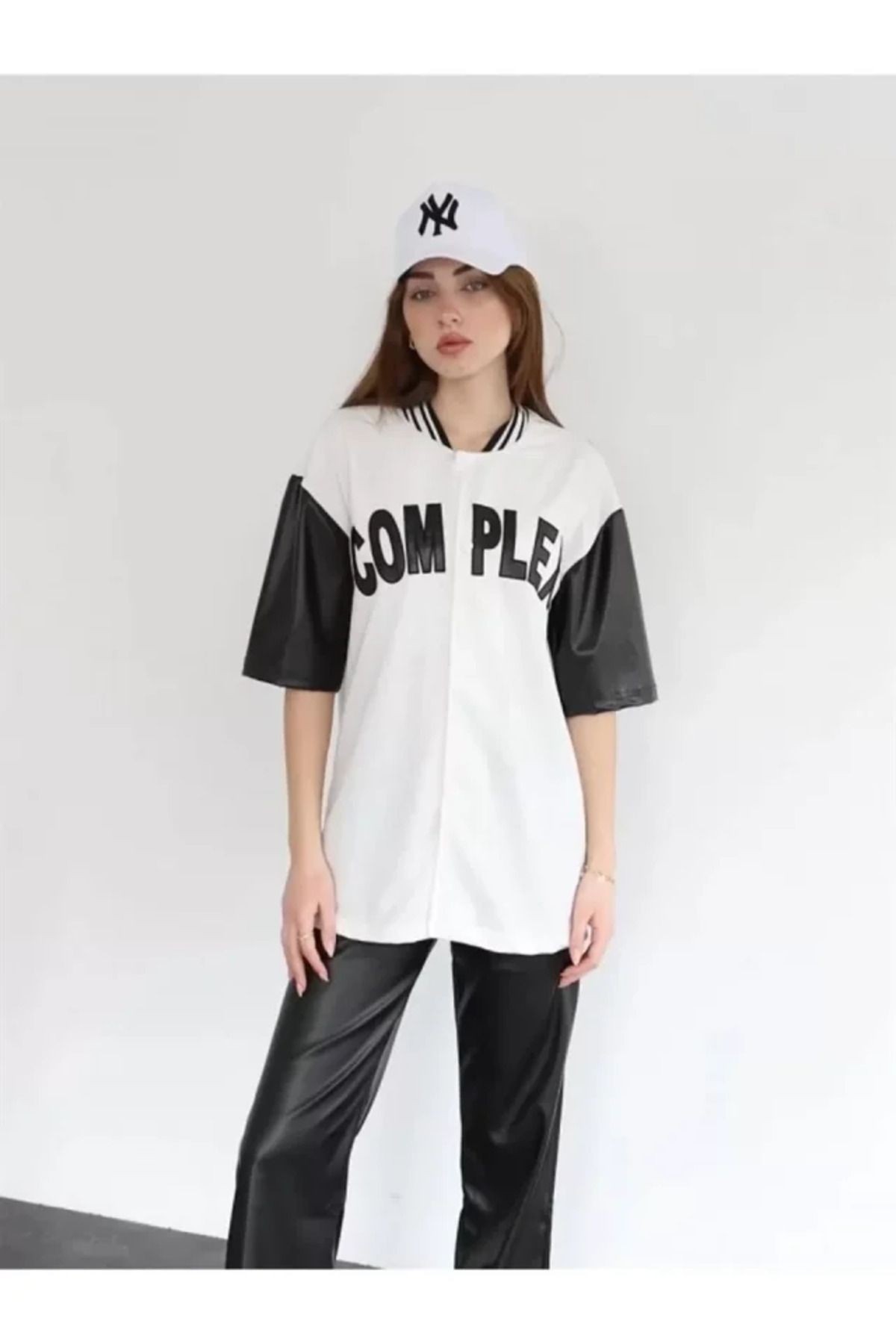 Kolları Deri Kolej Oversize T-shirt - Beyaz