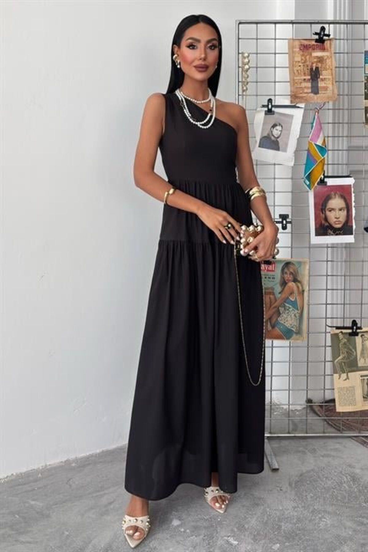 Tek Omuzlu Pile Detay Maxi Elbise 2895