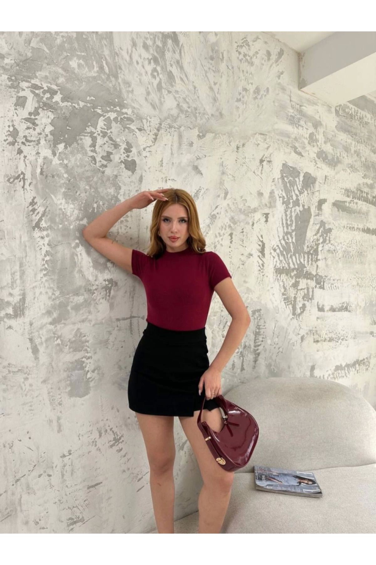 Kısa Kol Badi Bluz - Bordo