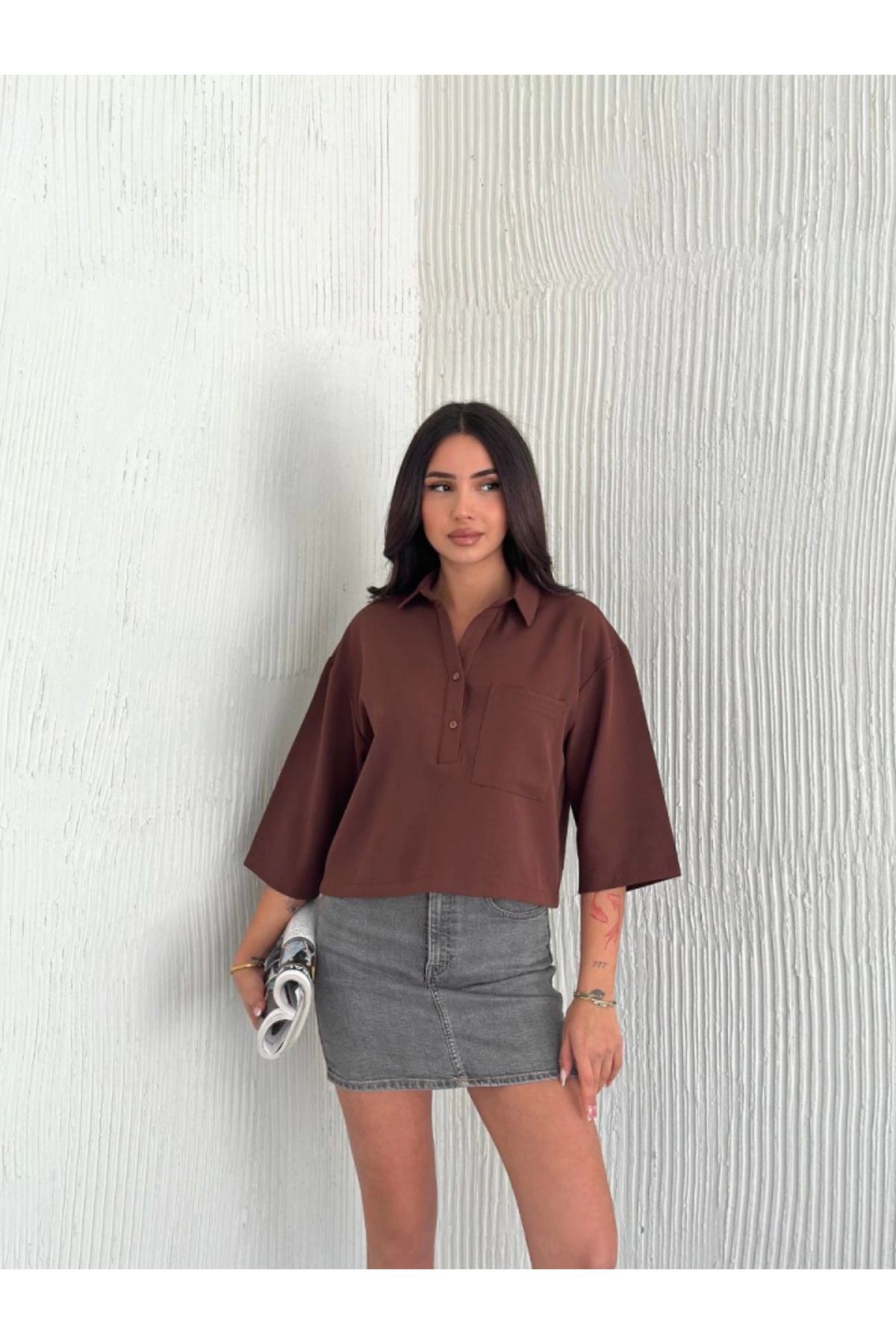 Crop Yakalı Gömlek Üç Çeyrek Sleeve Kol - Kahverengi