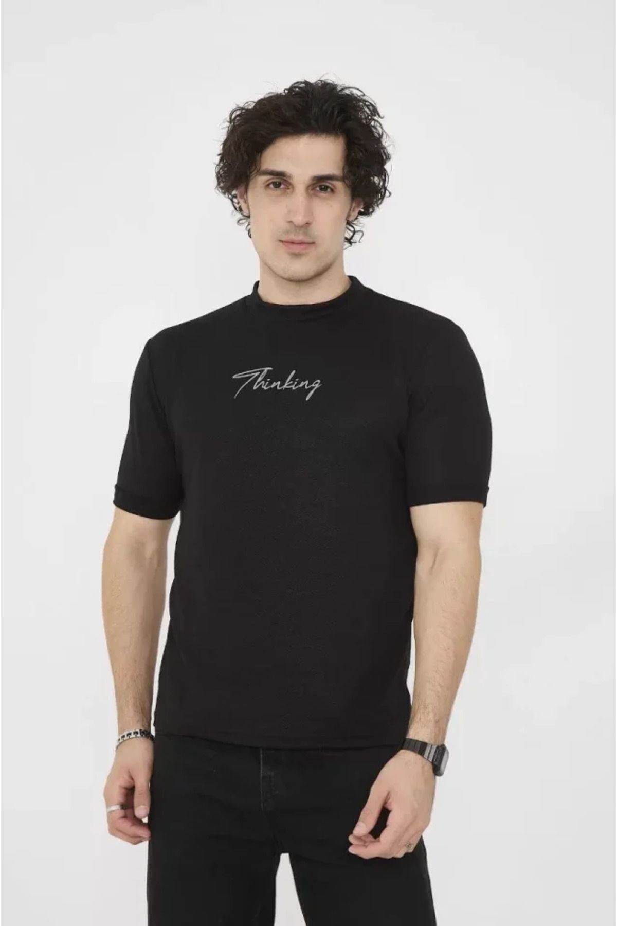 Unisex Bisiklet Yaka Slim Fit T-Shirt- Siyah