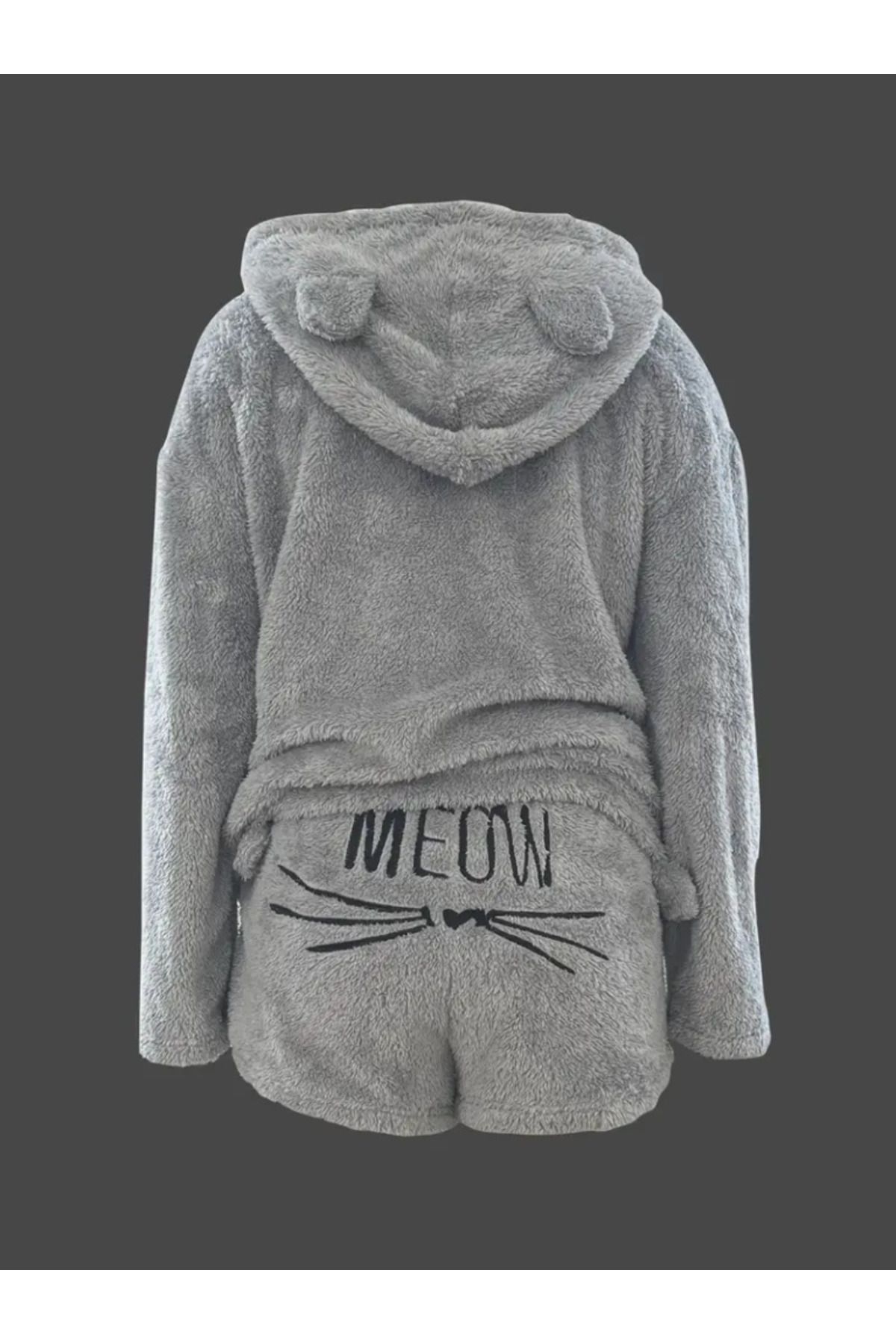 Kadın Uzun Kollu Meow Kedi Nakışlı Kapşonlu Peluş Sweat Ve Short Ikili Takım