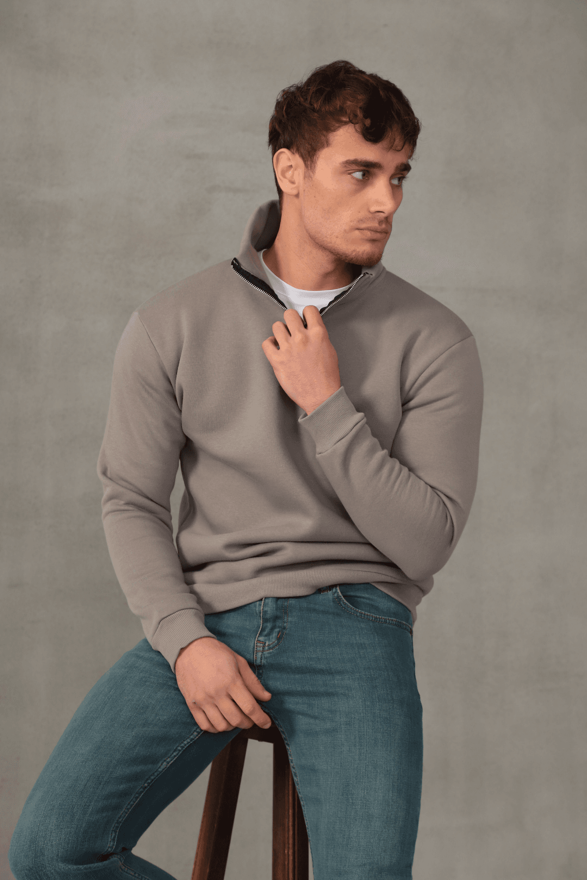 Unisex Relax Fit Rahat Kesim Yumuşak Dokulu İçi Polarlı Yarım Fermuarlı Dik Yaka Sweatshirt
