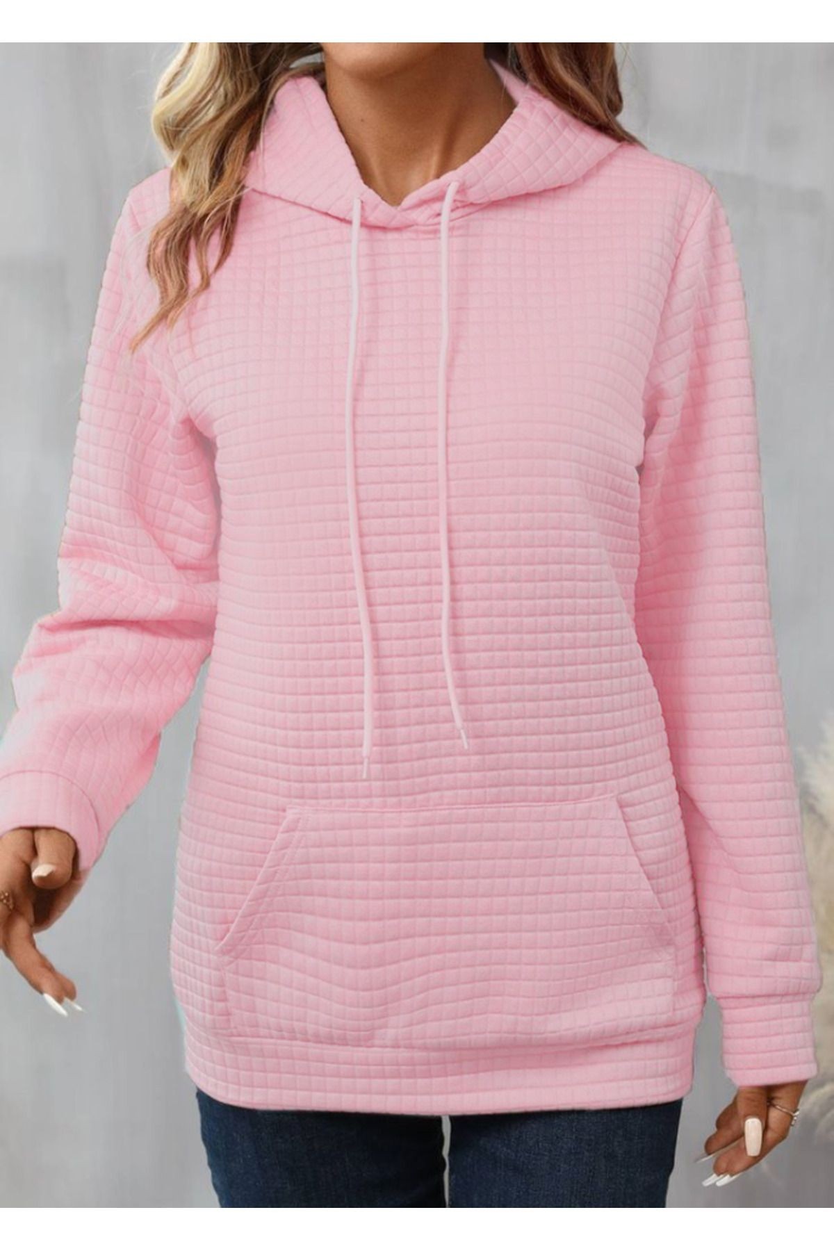 Kadın Uzun Kollu Kapşonlu Bağcıklı Cepli Capitone Sweatshirt