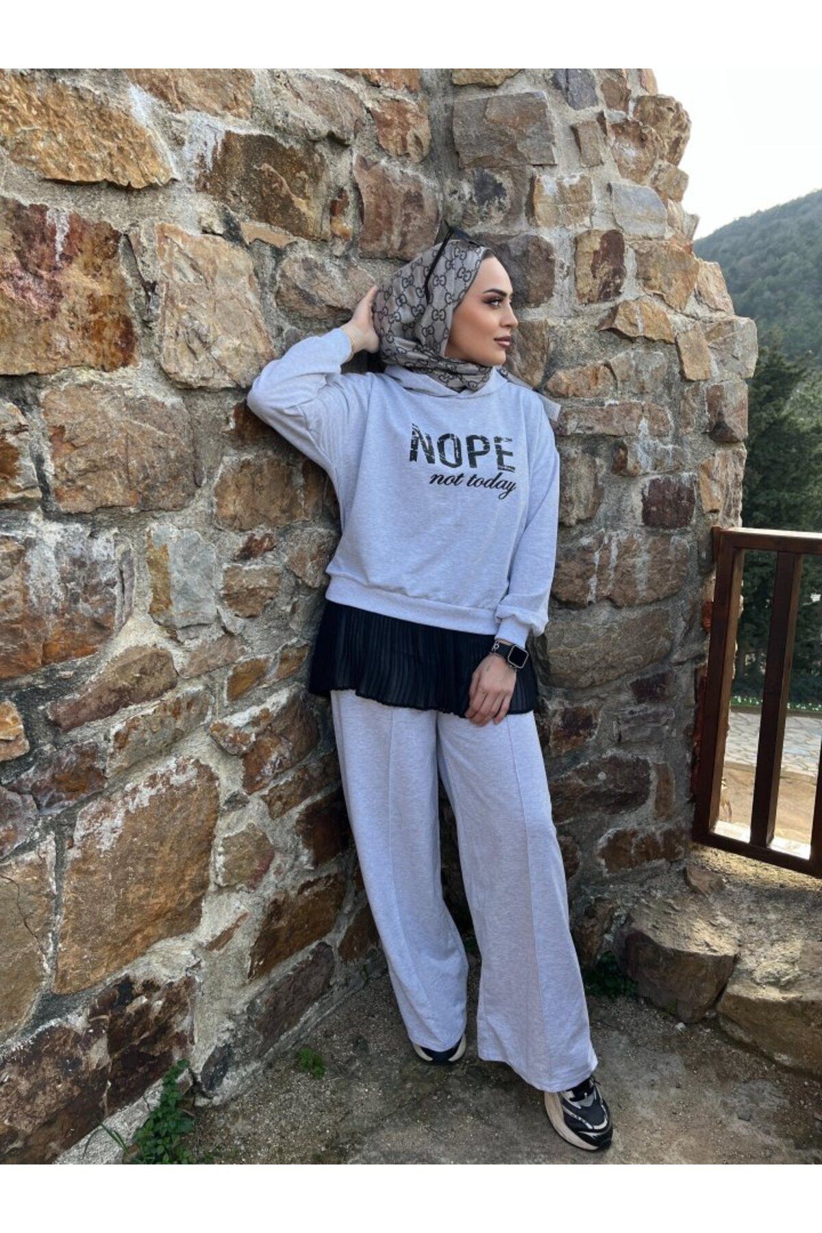 Kadın Uzun Kollu Nope Baskılı Beli Ribanalı Ikili Takım