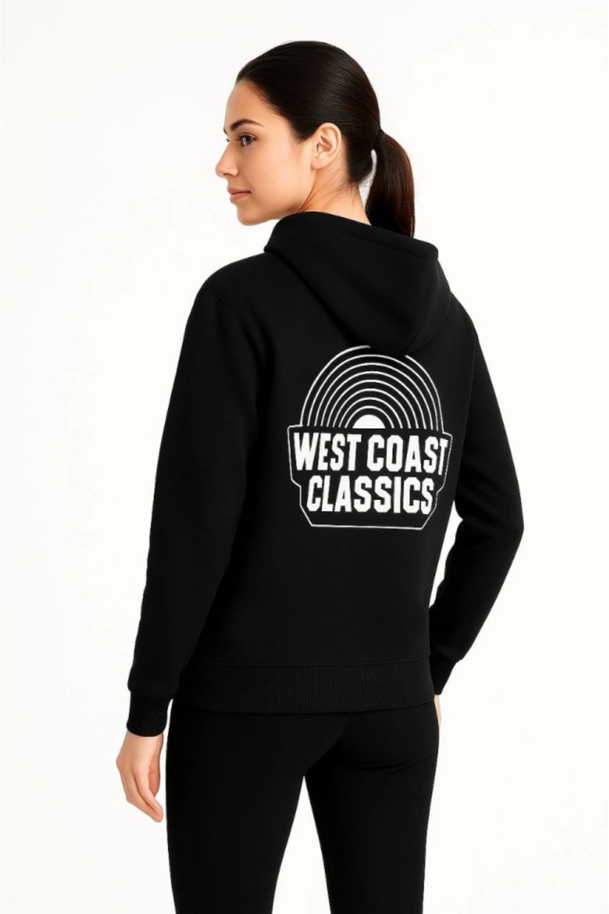 Üç İplik Kapüşonlu Ön Ve Arka Baskılı SweatShirt Hoodie - Siyah