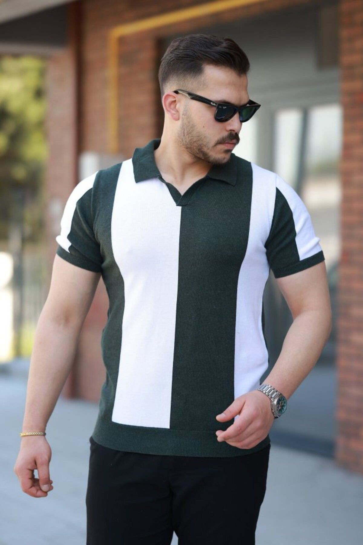Erkek Kısa Kollu Polo Yakalı Blok Desenli Triko tişört