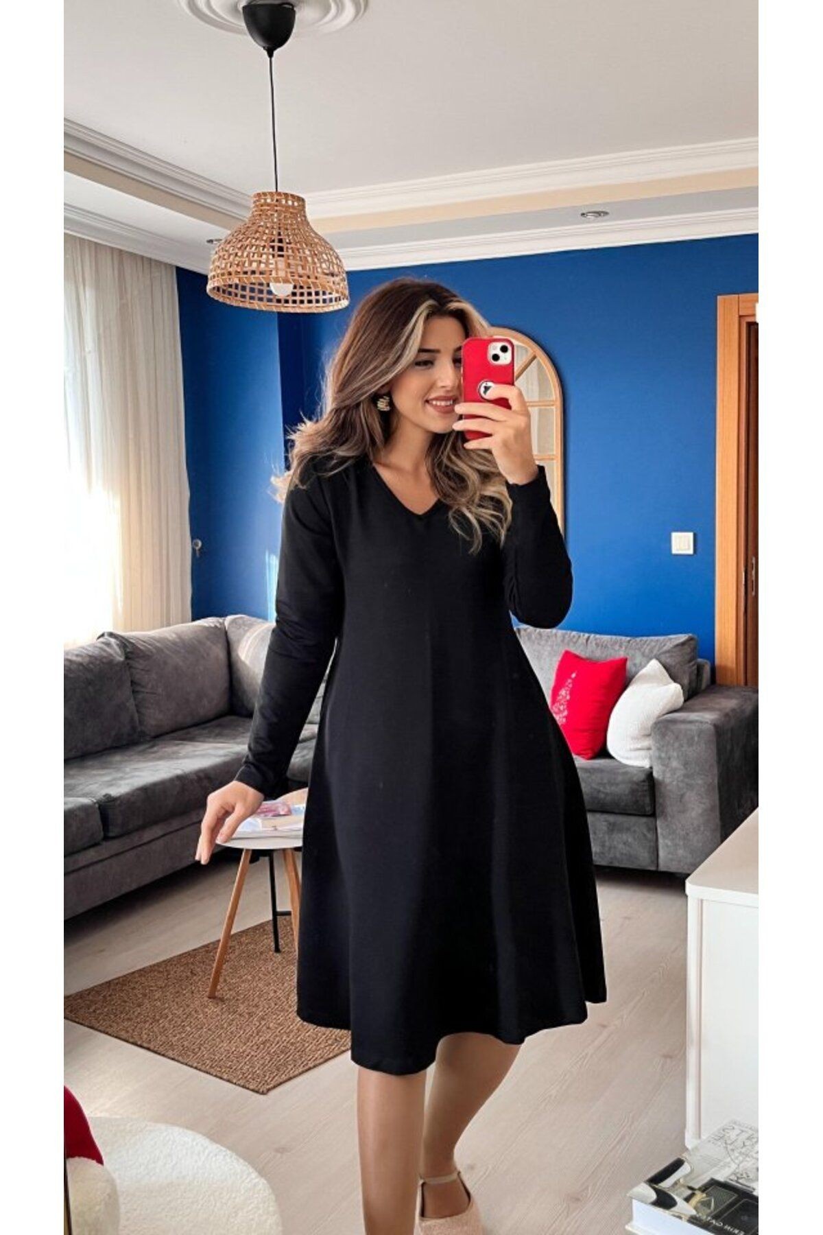 Kadın Uzun Kollu V Yakalı Salaş Midi Iki Iplik Elbise