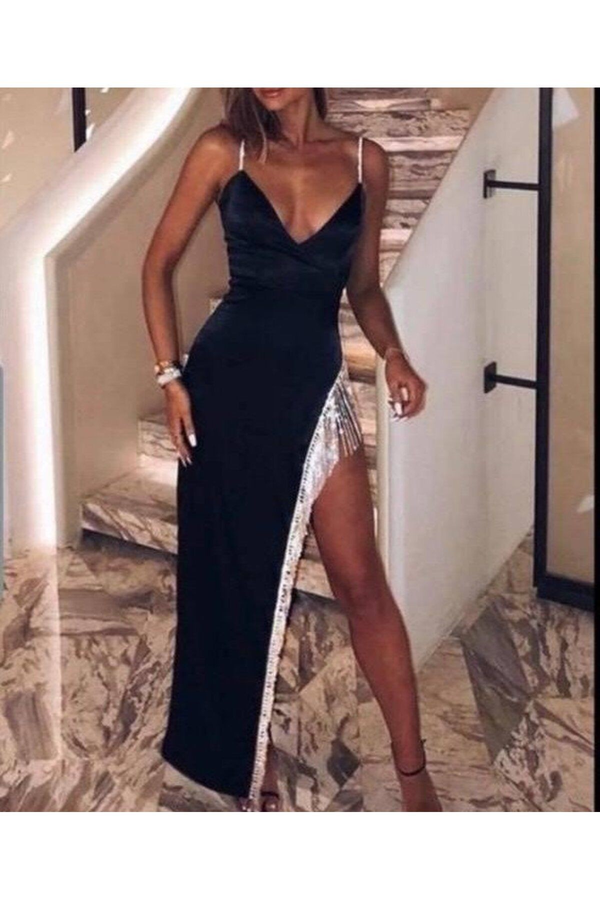 Kadın Dagıç Kumaş Saçaklı Taşlı Askılı Midi Boy Elbise