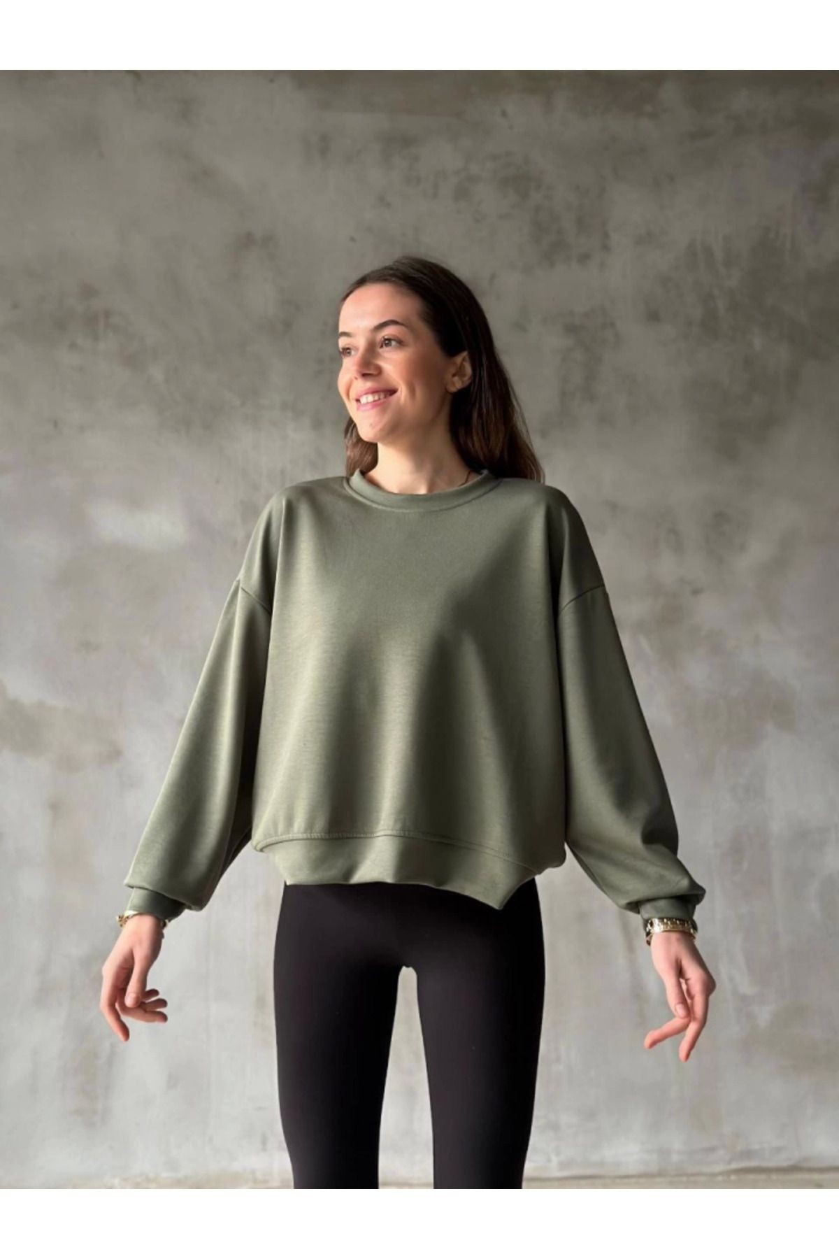 Osy Modal Yumuşak Dokulu Kumaş Bisiklet Yaka Oversize Sweatshirt - Haki