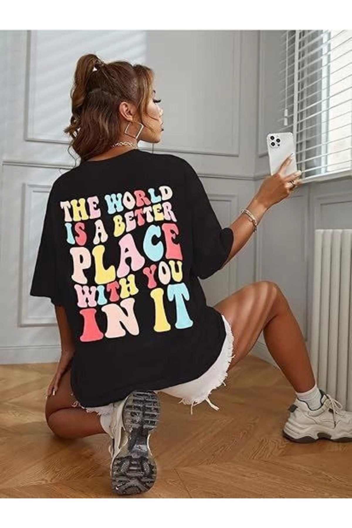 Bisiklet Yaka Baskılı T-shirt - Siyah