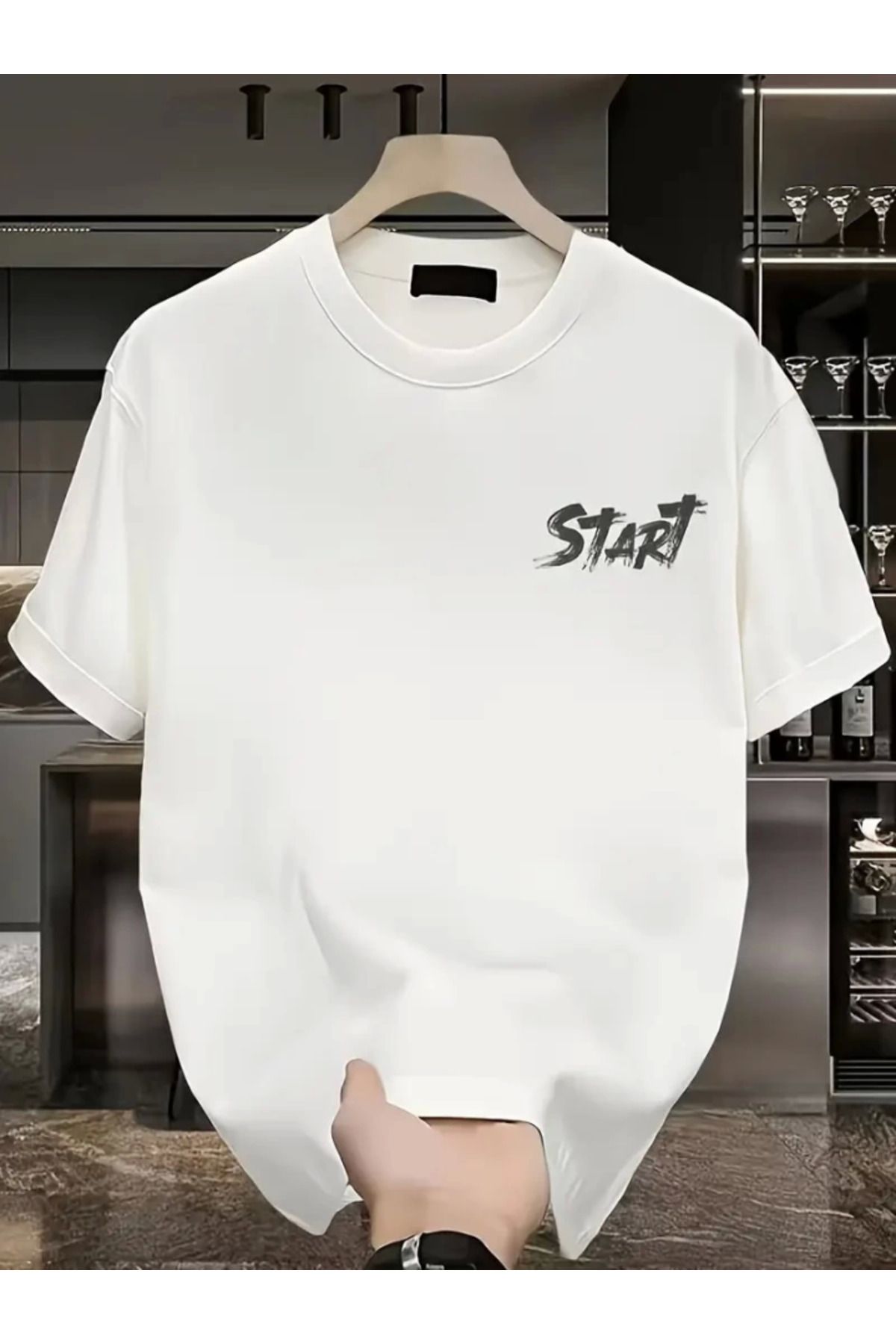 Baskılı Oversize Bisiklet Yaka T-shirt - Beyaz