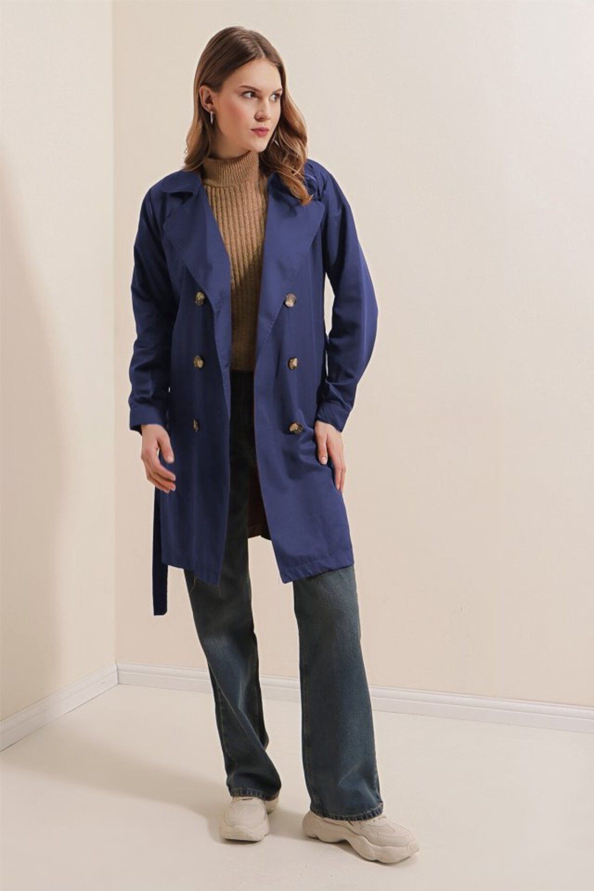 Mottisfashion 5864 Kruvaze Yaka Kısa Trençkot - Lacivert