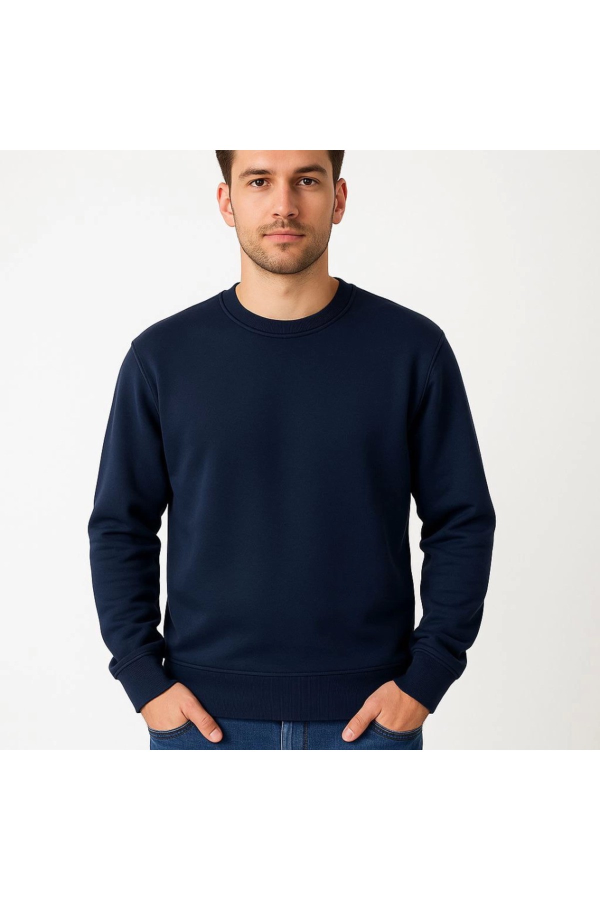 Erkek Üç İplik Düz Bisiklet Yaka SweatShirt - Lacivert