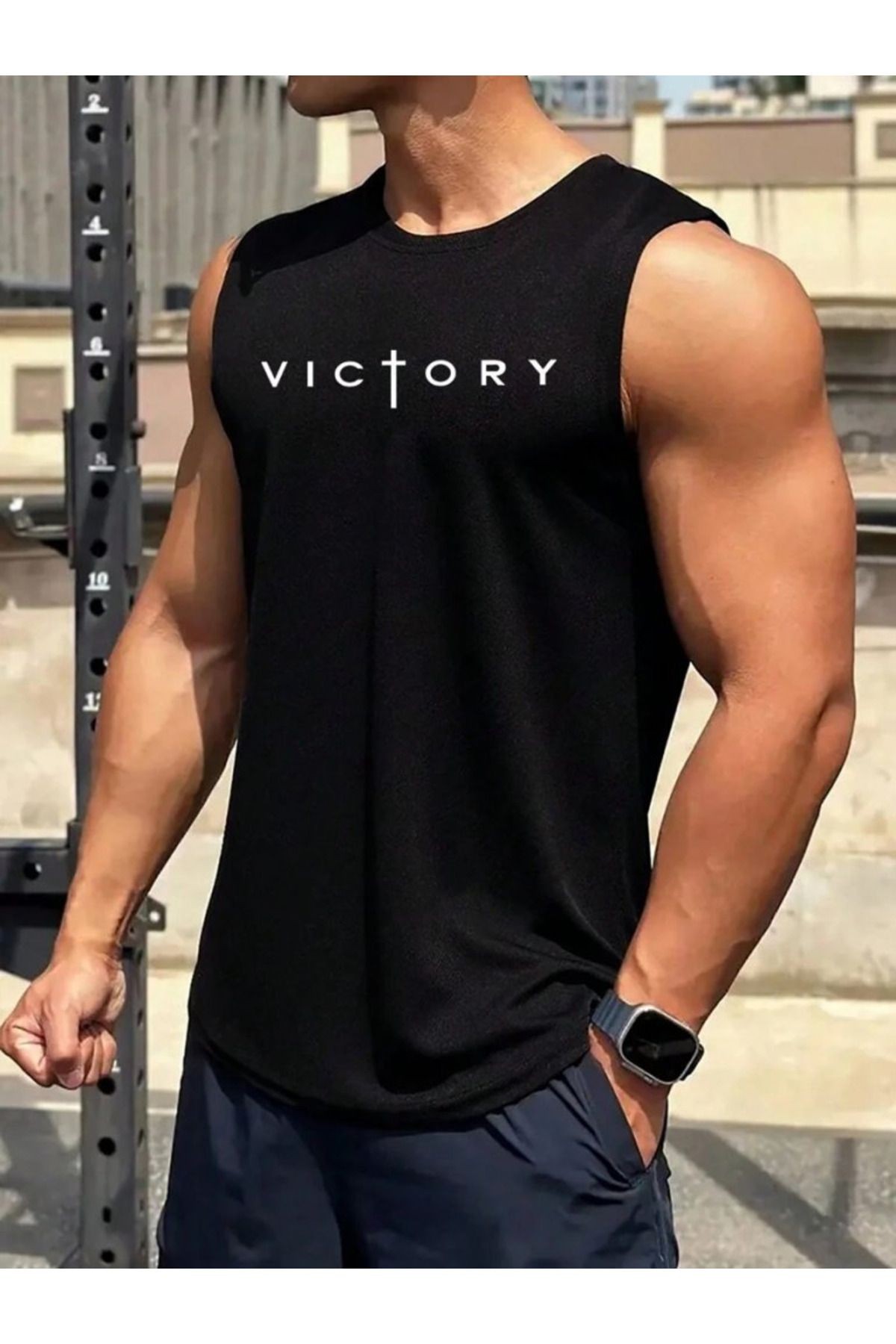 Erkek Sıfır Kol Victory Baskılı Süprem tişört