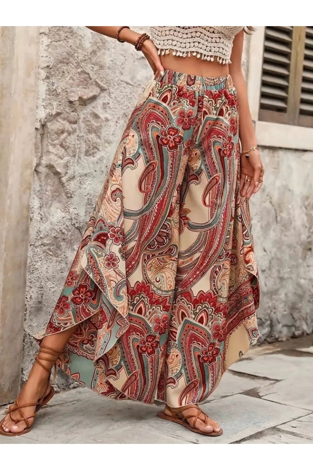 Kadın Yüksek Bel Beli Lastikli Desenli Geniş Paçalı Süprem Pantolon