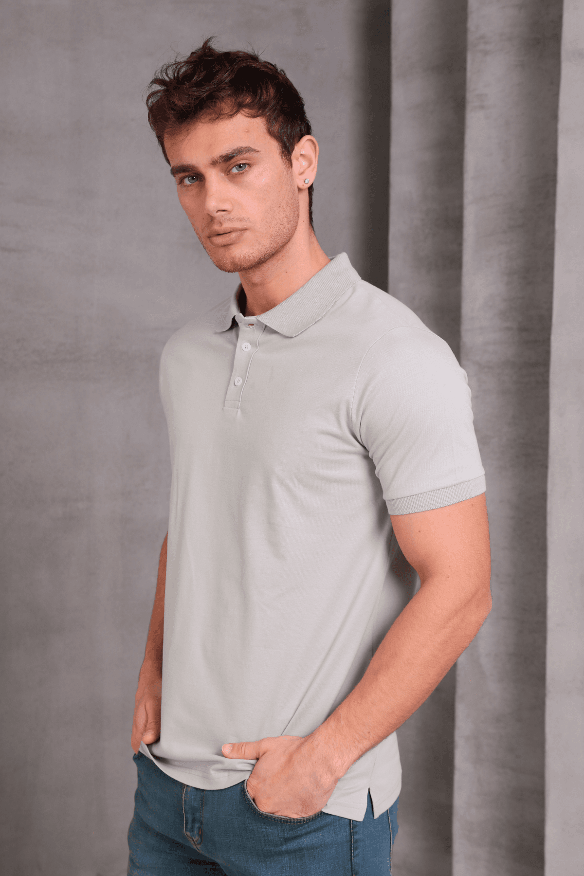 Erkek Dar Kesim Slim Fit Pamuklu Yumuşak Doku Nefes Alan Kumaş Kıvrılmaz Yaka Polo Yaka Tişört - GRİ