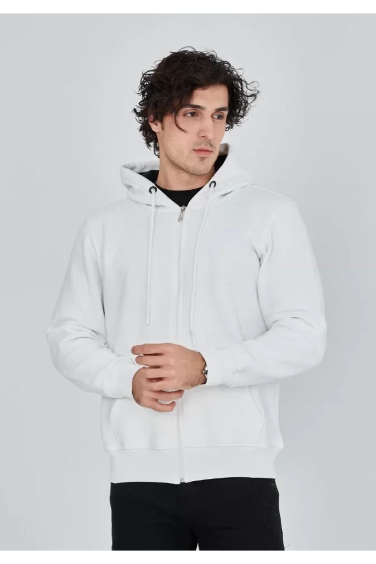Unisex Tam Fermuarlı Kapşonlu SweatShirt - Beyaz