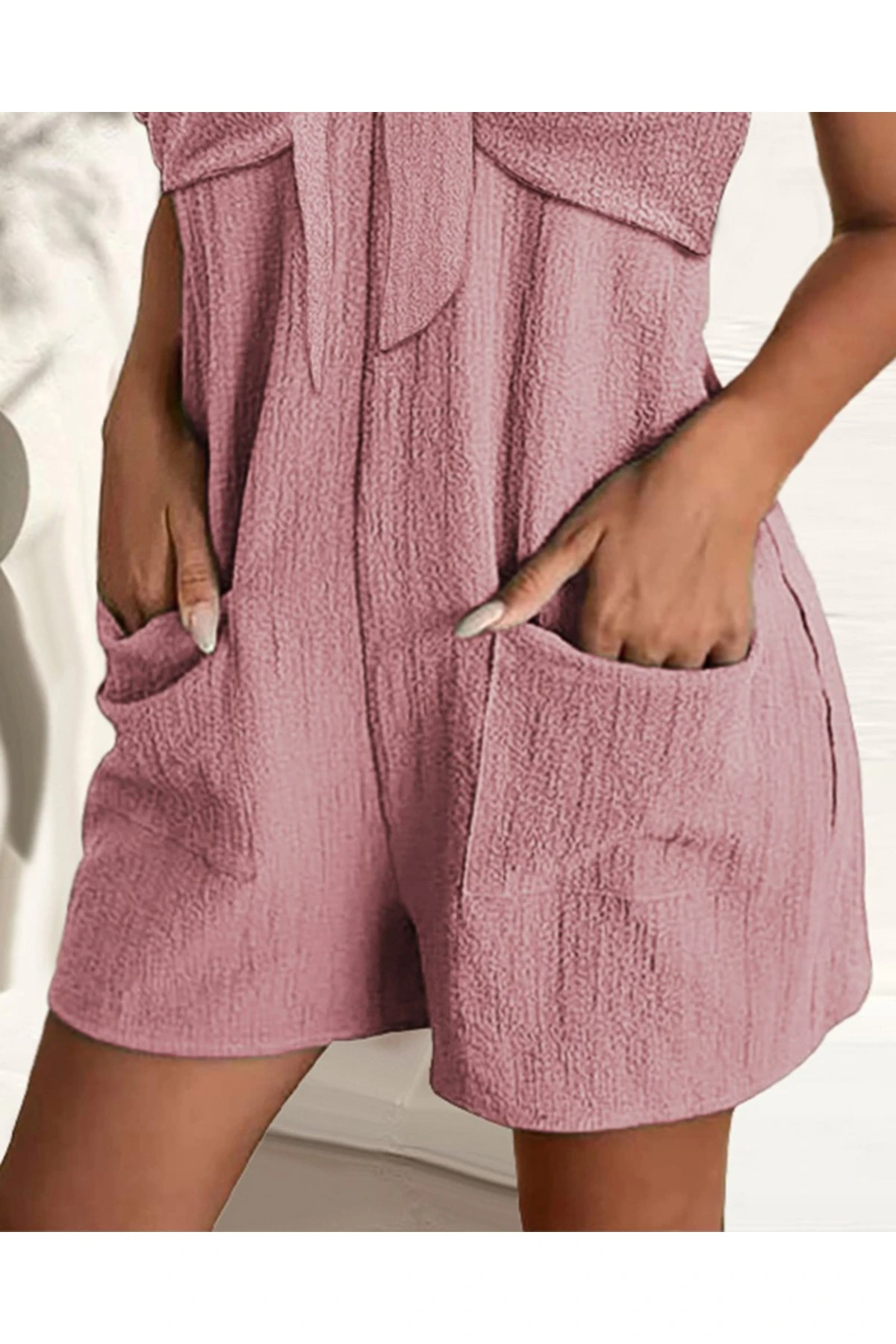 Kadın Kolsuz Askı Aksesuarlı önü Bağlama Detay Salopet şort Tulum