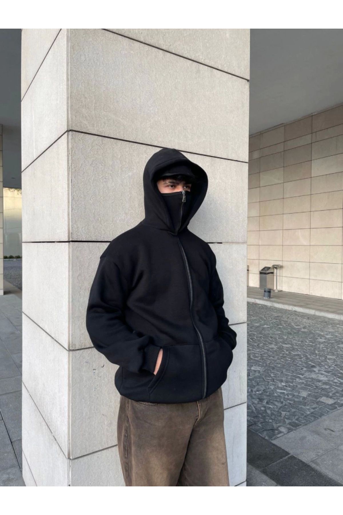 Samuray Kapüşonlu ZIP Fermuarlı Kapüşonlu Özel Tasarım SweatShirt - Siyah