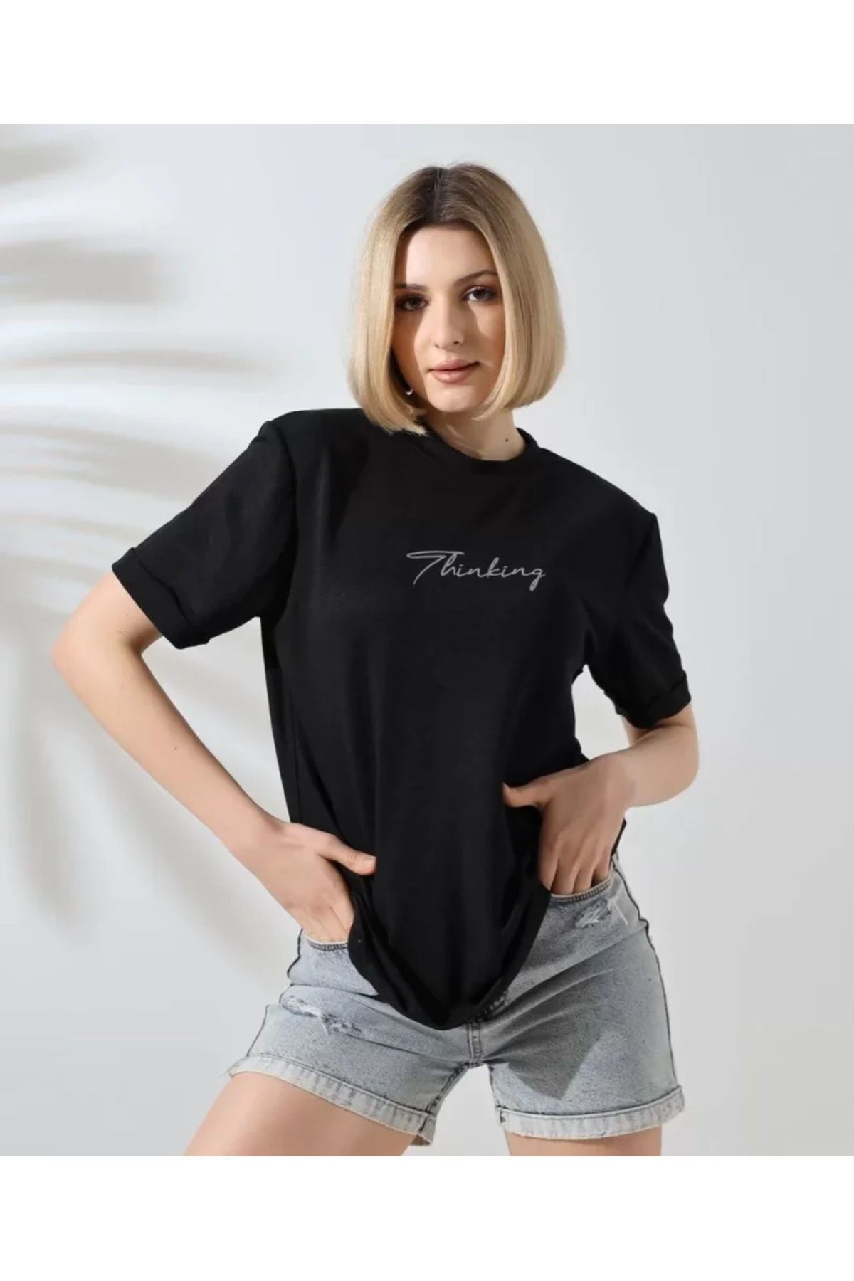 Unisex Bisiklet Yaka Baskılı Slim Fit T-Shirt - Siyah