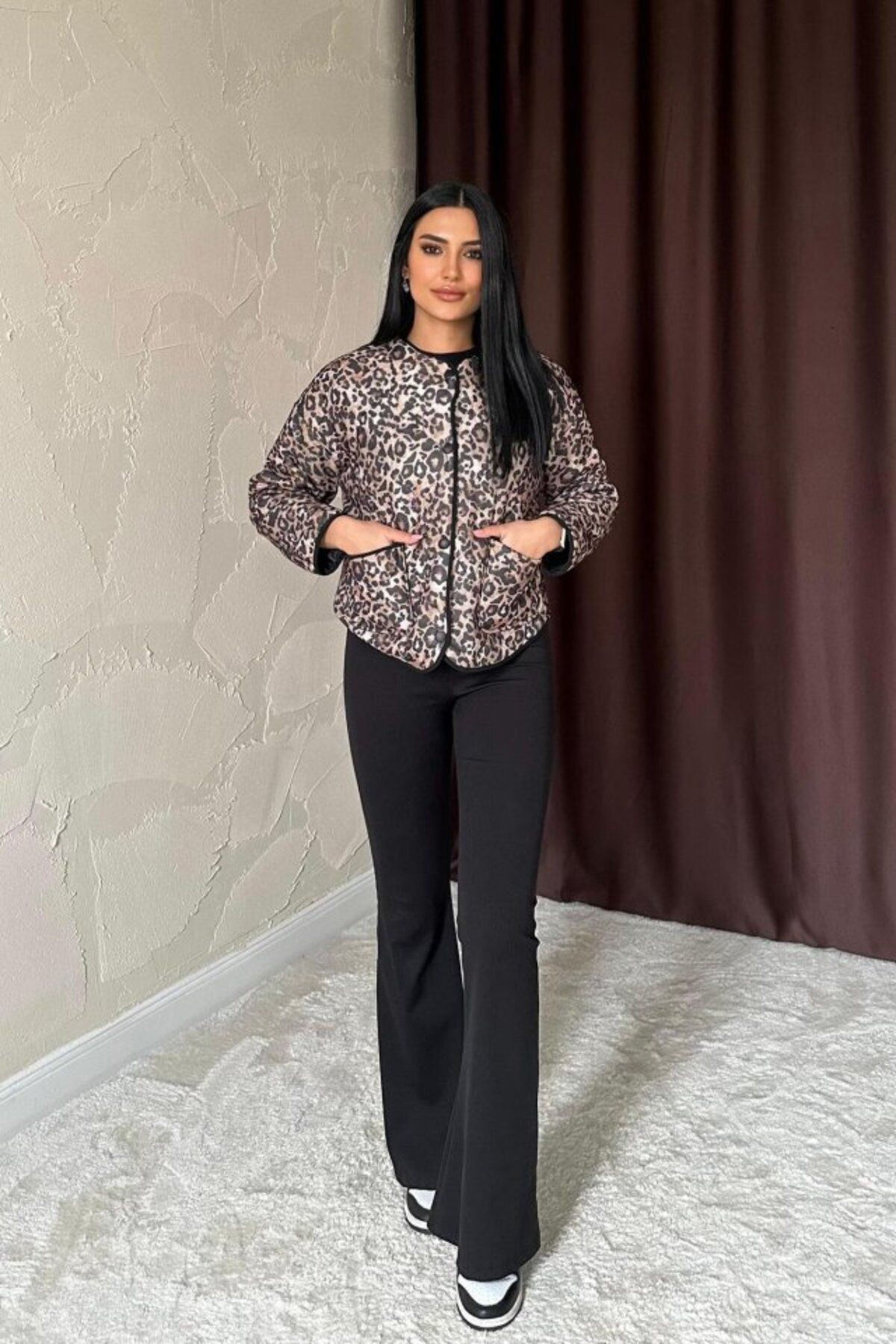 Leopar Leopar Desenli Kapitone Ceket