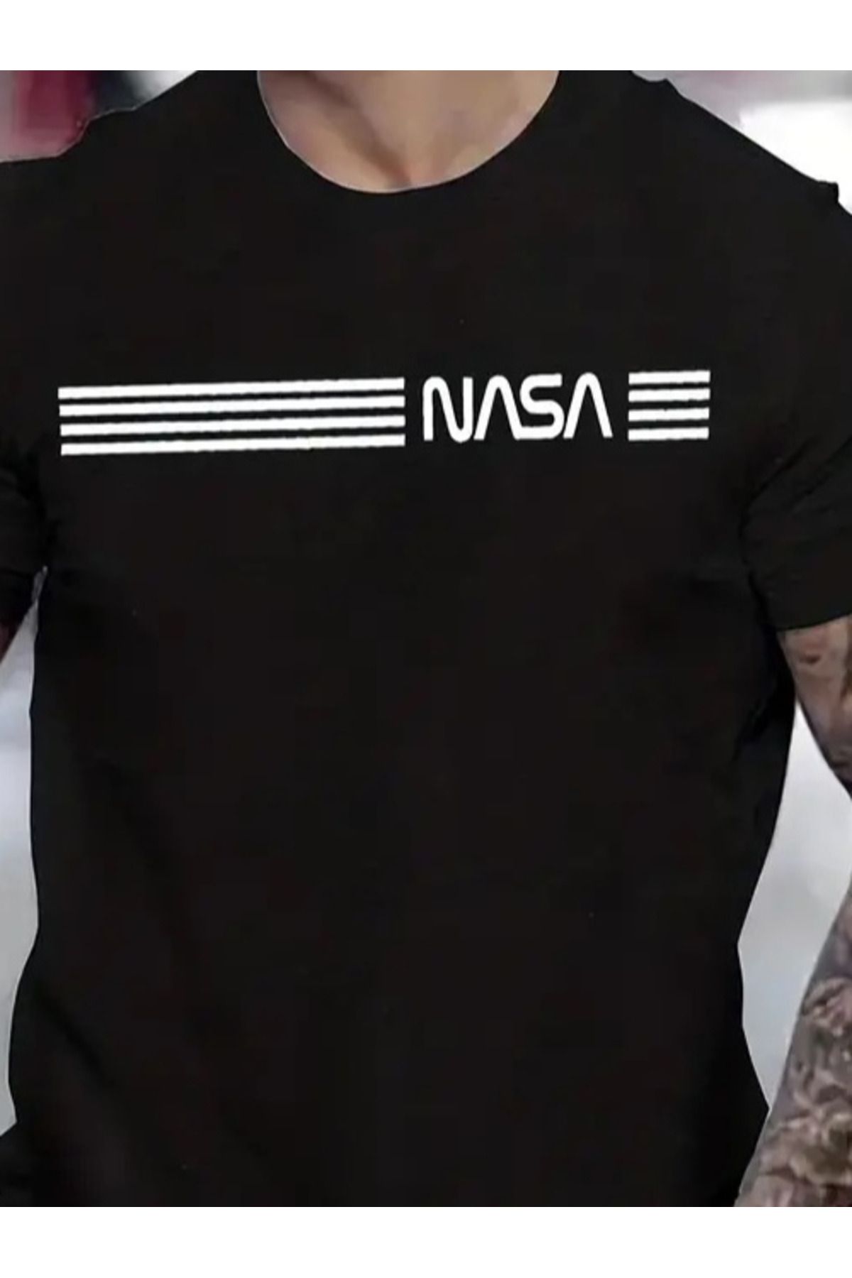 Erkek Kısa Kollu NASA Baskı Bisiklet Yaka T-shirt