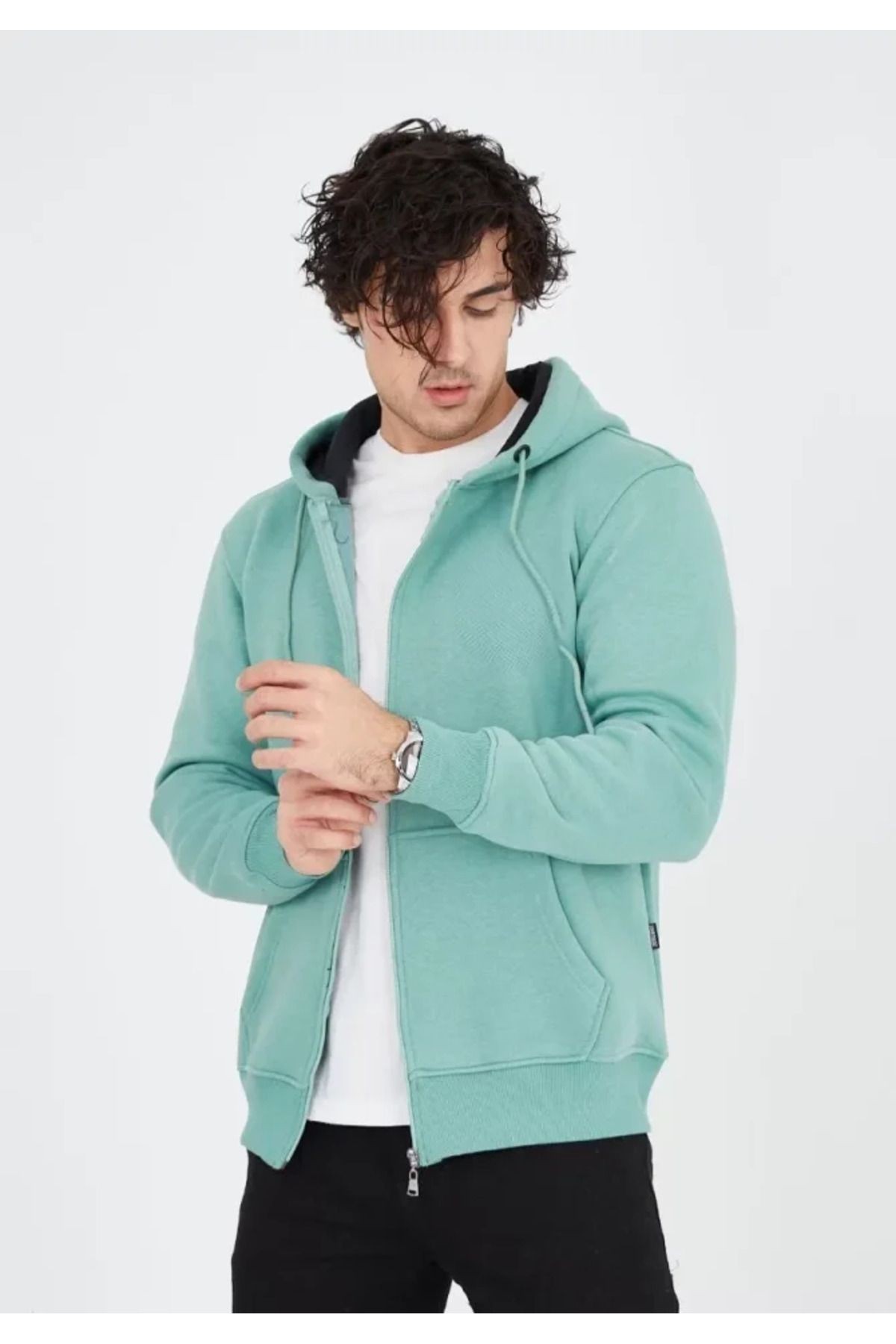 Unisex Tam Fermuarlı Kapşonlu SweatShirt - Mint Yeşili