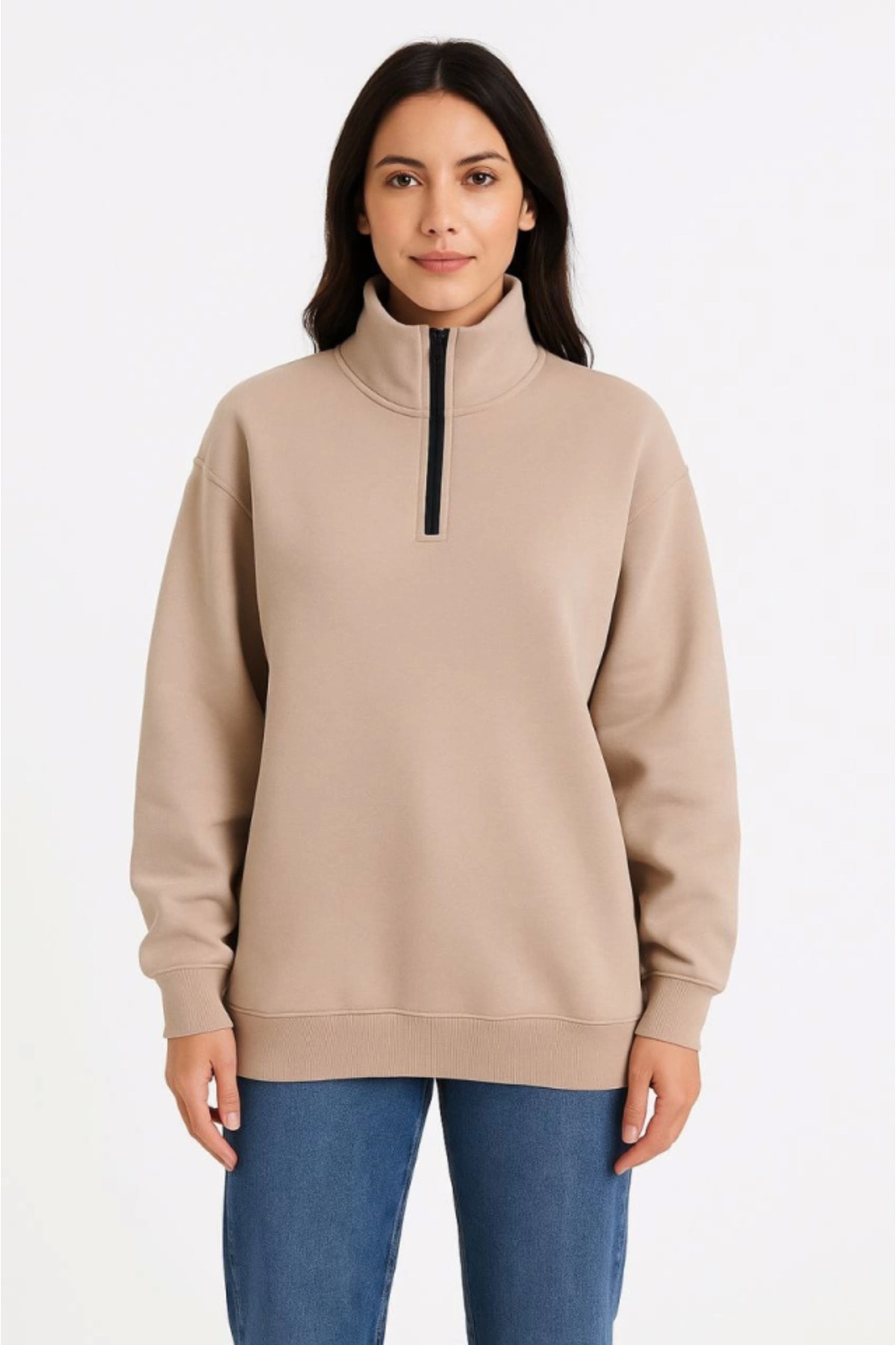 Üç İplik Dık Yaka Yarım Fermuarlı SweatShirt - Bej
