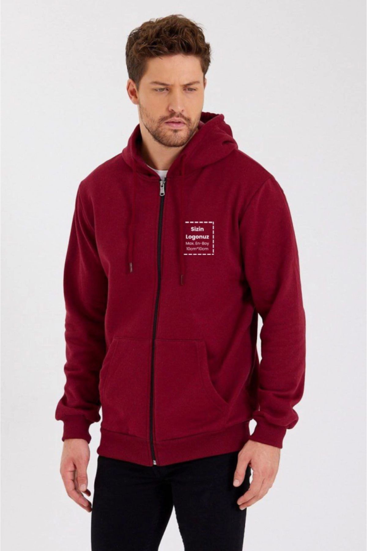 Unisex Tam Fermuarlı Kapşonlu Özel Tasarım SweatShirt - Bordo