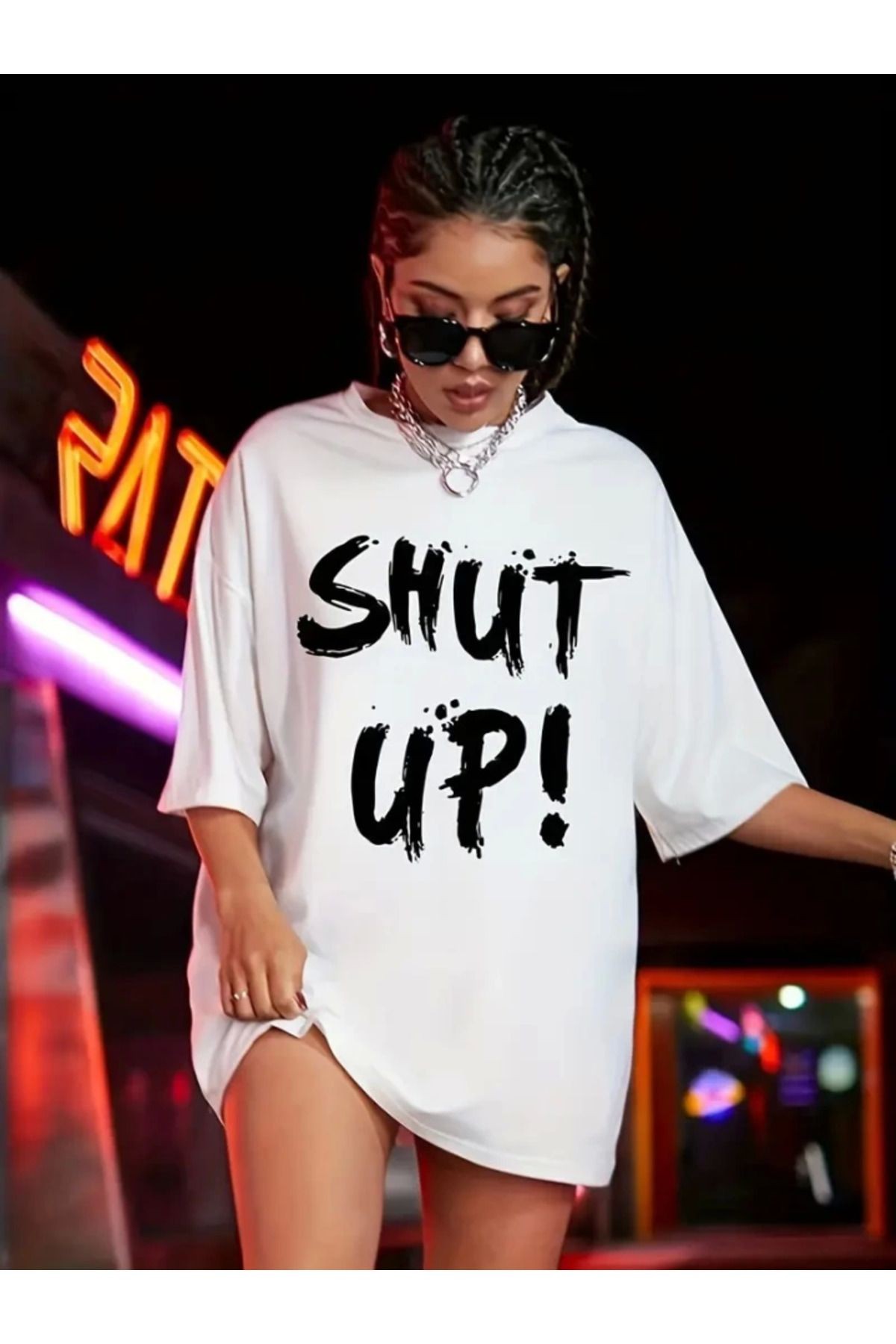 Baskılı Oversize Bisiklet Yaka T-shirt - Beyaz