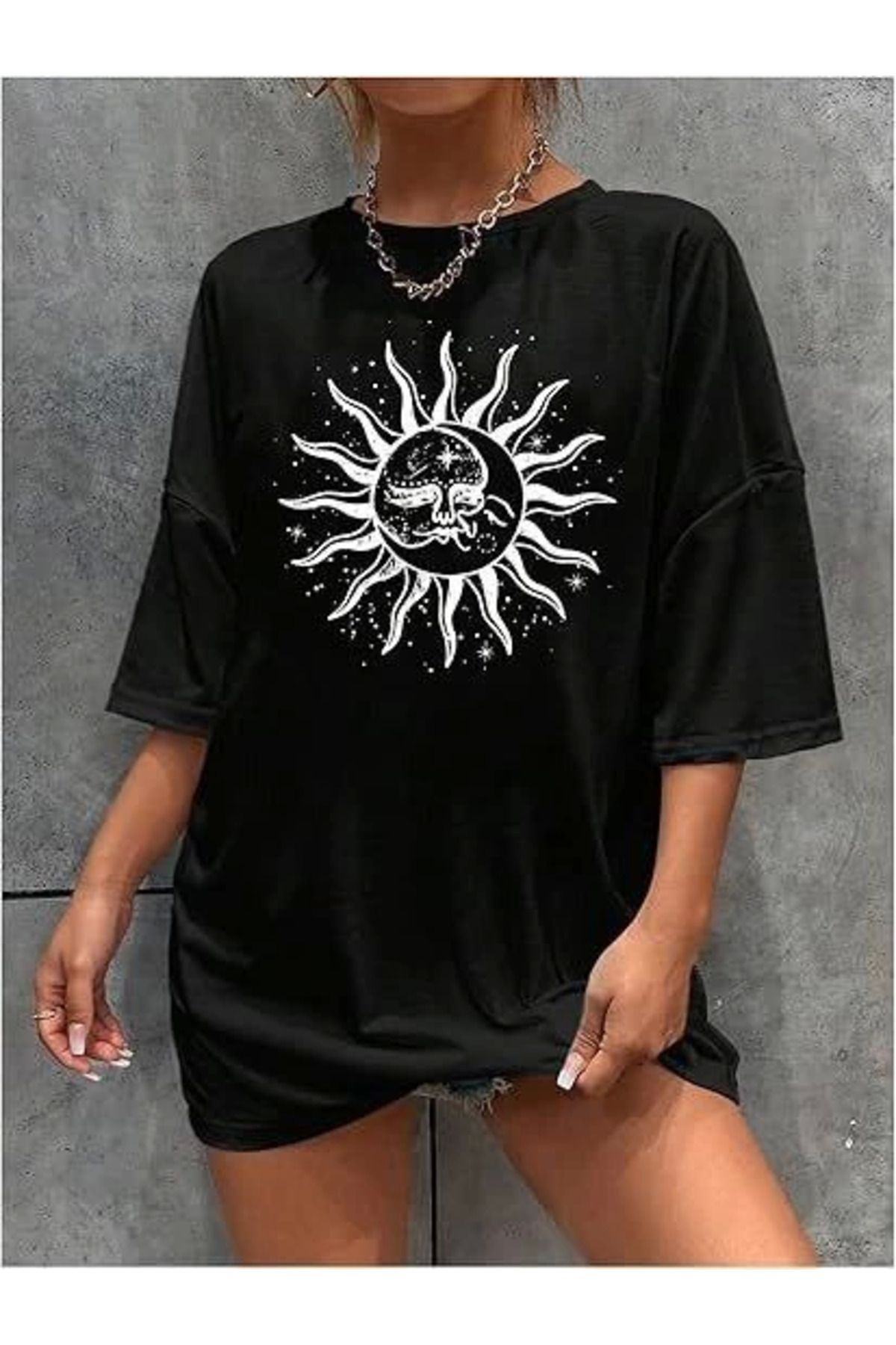 Bisiklet Yaka Baskılı T-shirt - Siyah
