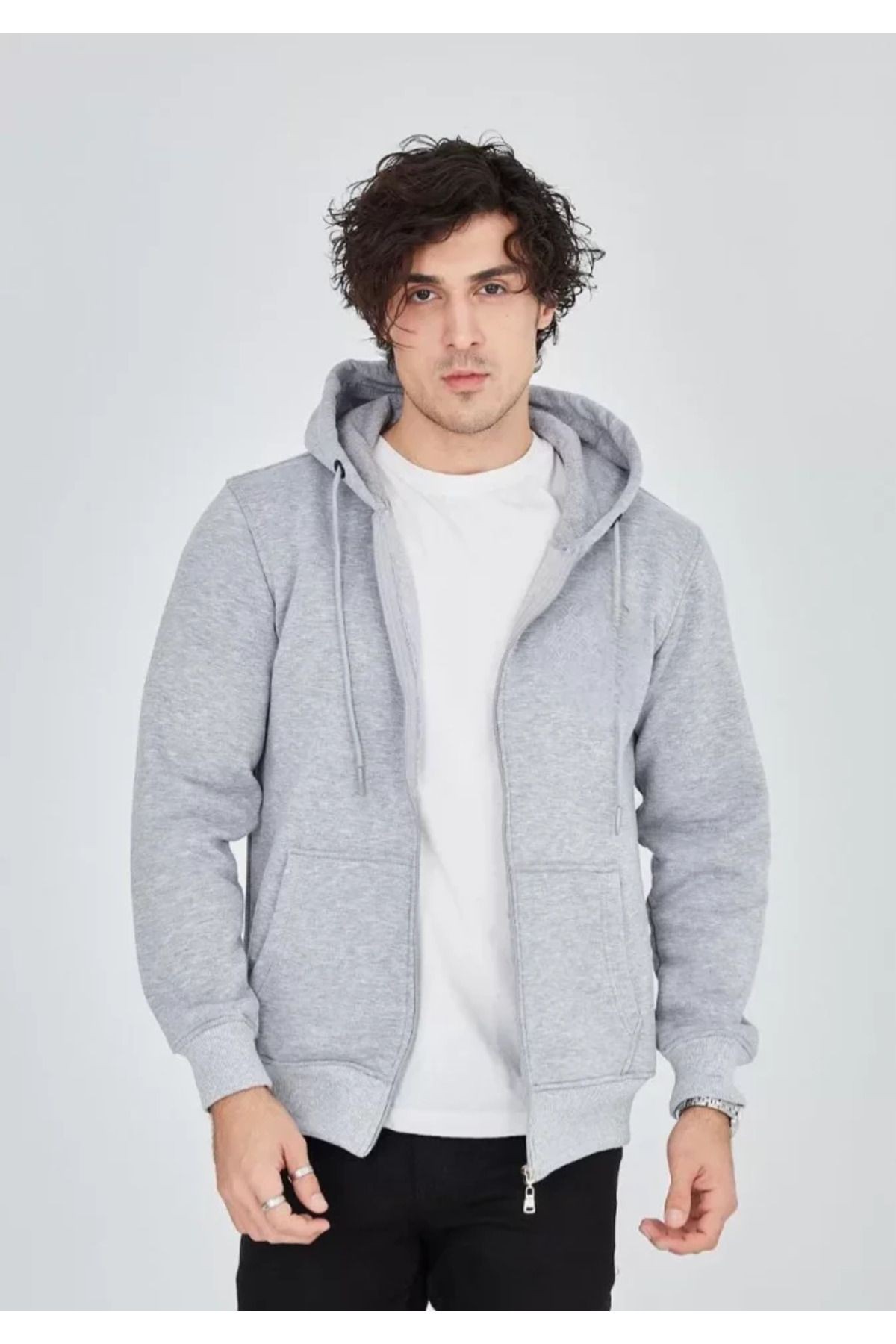 Unisex Tam Fermuarlı Kapşonlu SweatShirt - Gri