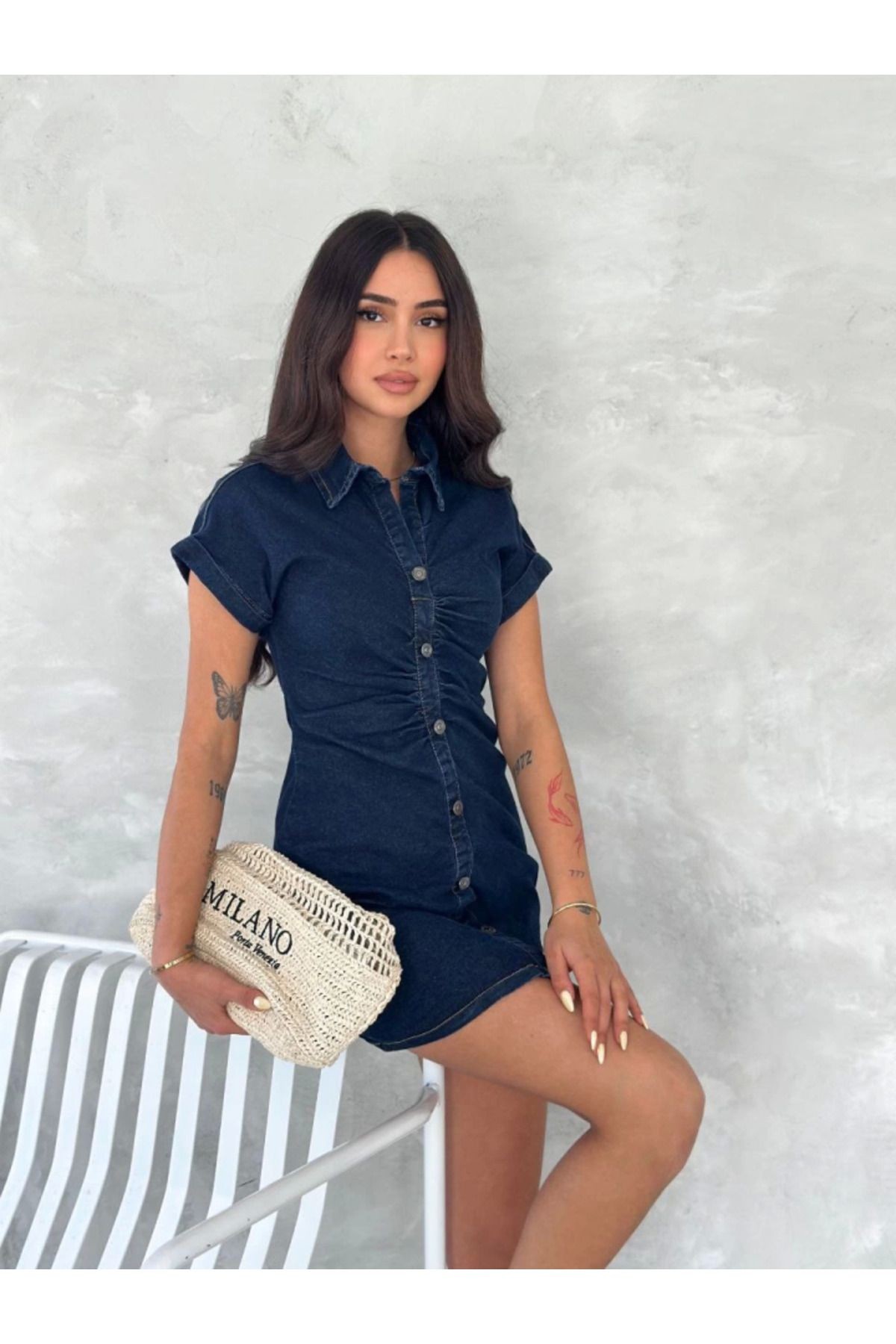 Kısa Kolu Mini Kot Kumaşından Likralı Elbise - Lacivert