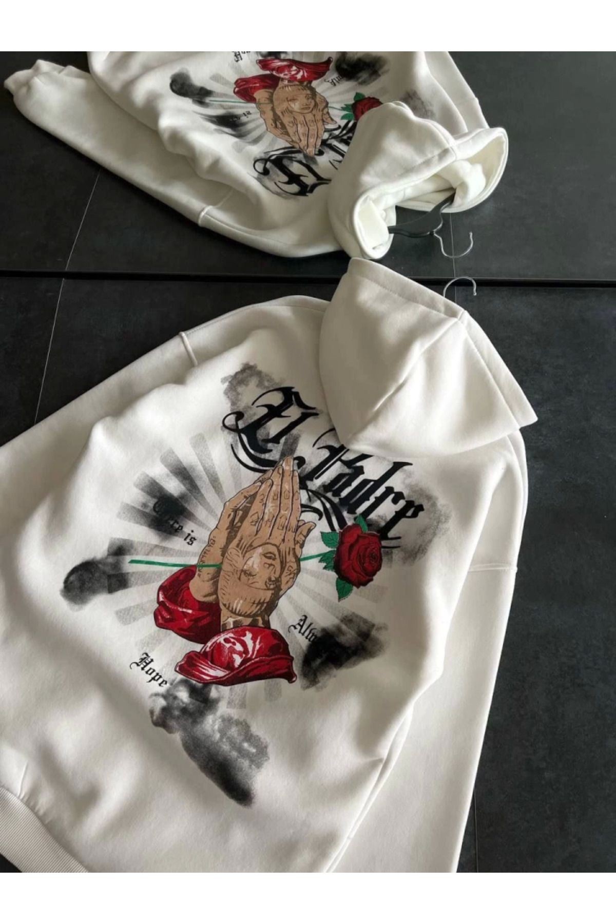 Üç İplik Penye Uzun Kol Kapşonlu Baskılı SweatShirt - Beyaz
