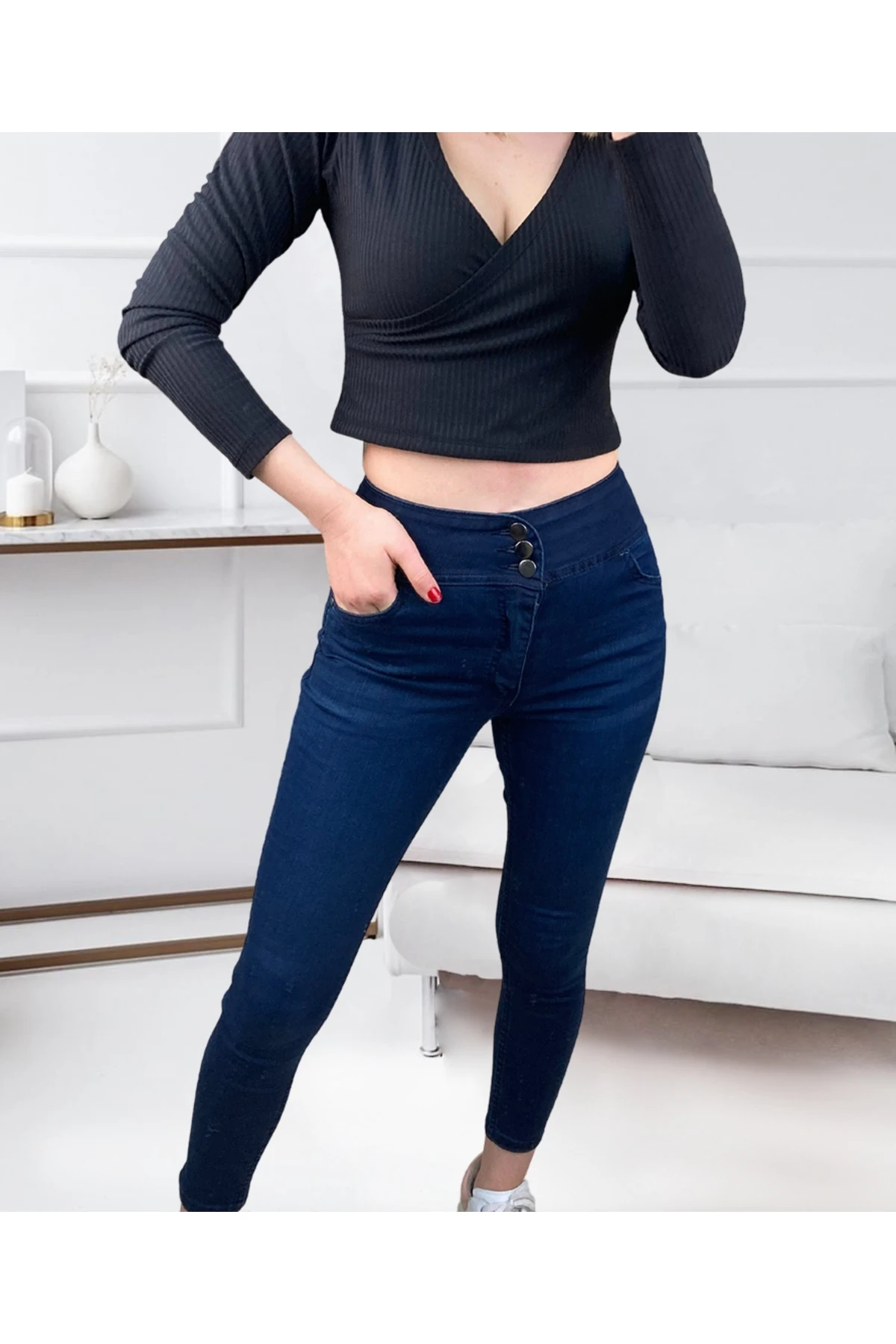 Yüksek Bel Likralı Jean Pantolon 90 Cm