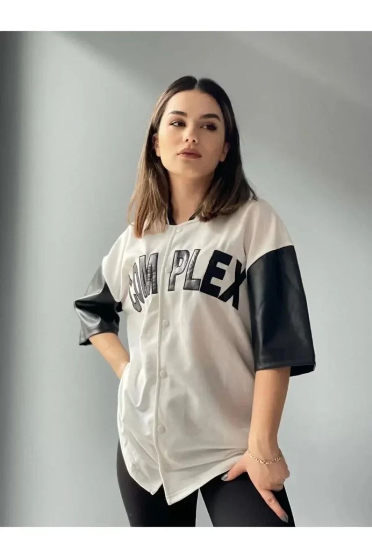 Kolları Deri Kolej Oversize T-shirt - Beyaz