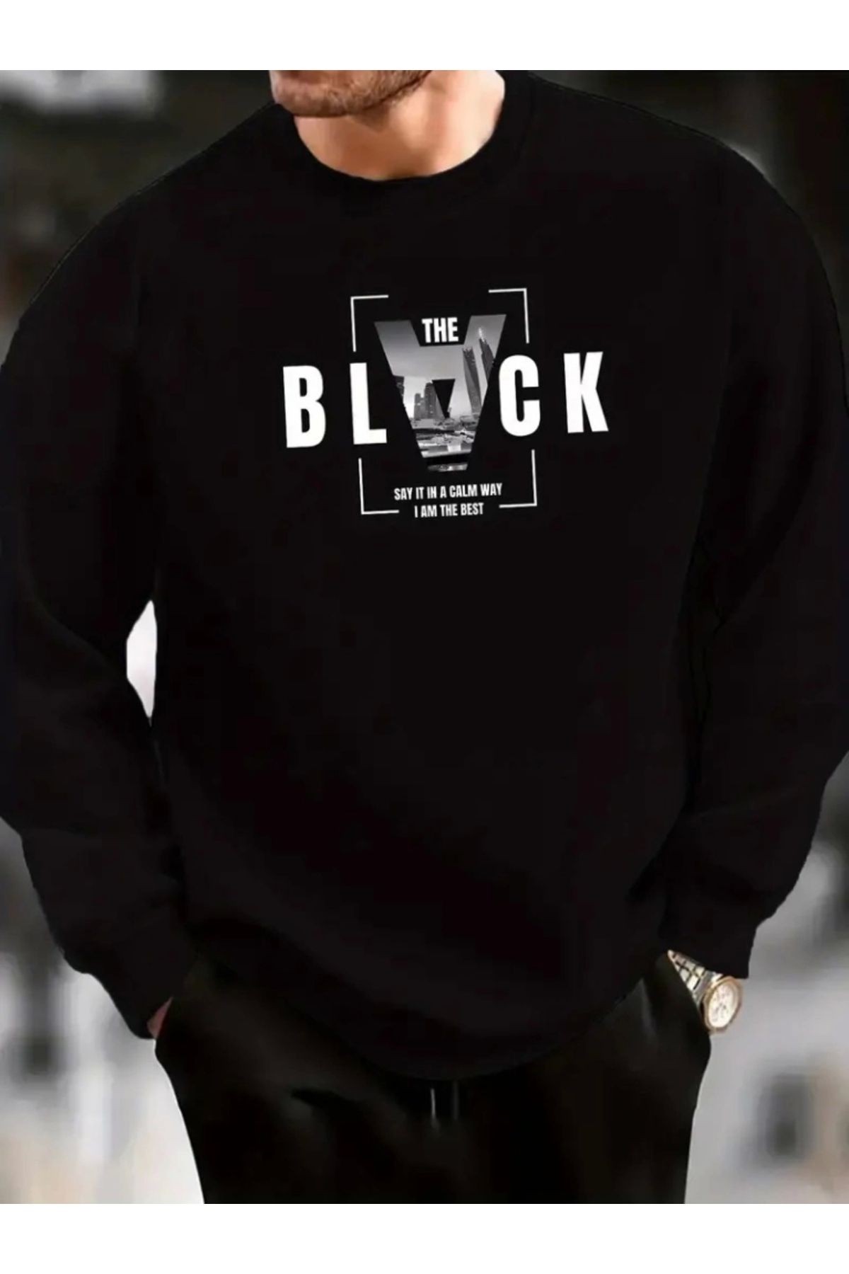 Erkek Uzun Kollu Bisiklet Yaka Black Logolu Iki Iplik tişört