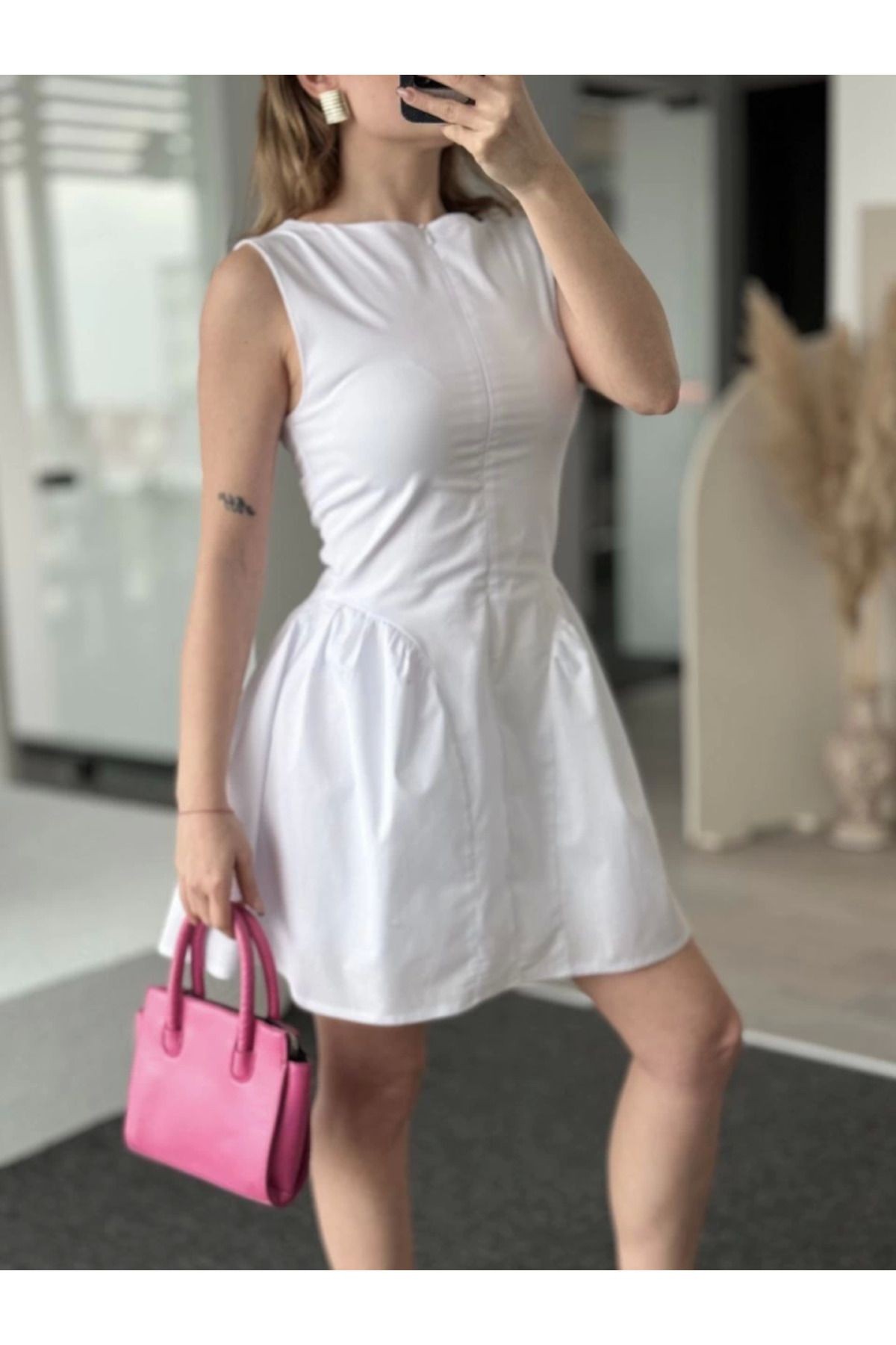 Fermuar Detaylı Mini Elbise - Beyaz