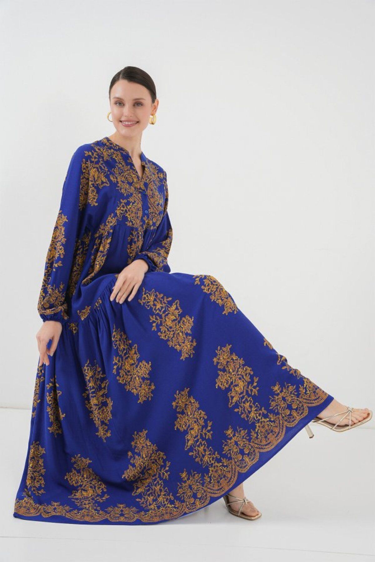 Saks Gold Desenli Tesettür Elbise 2423